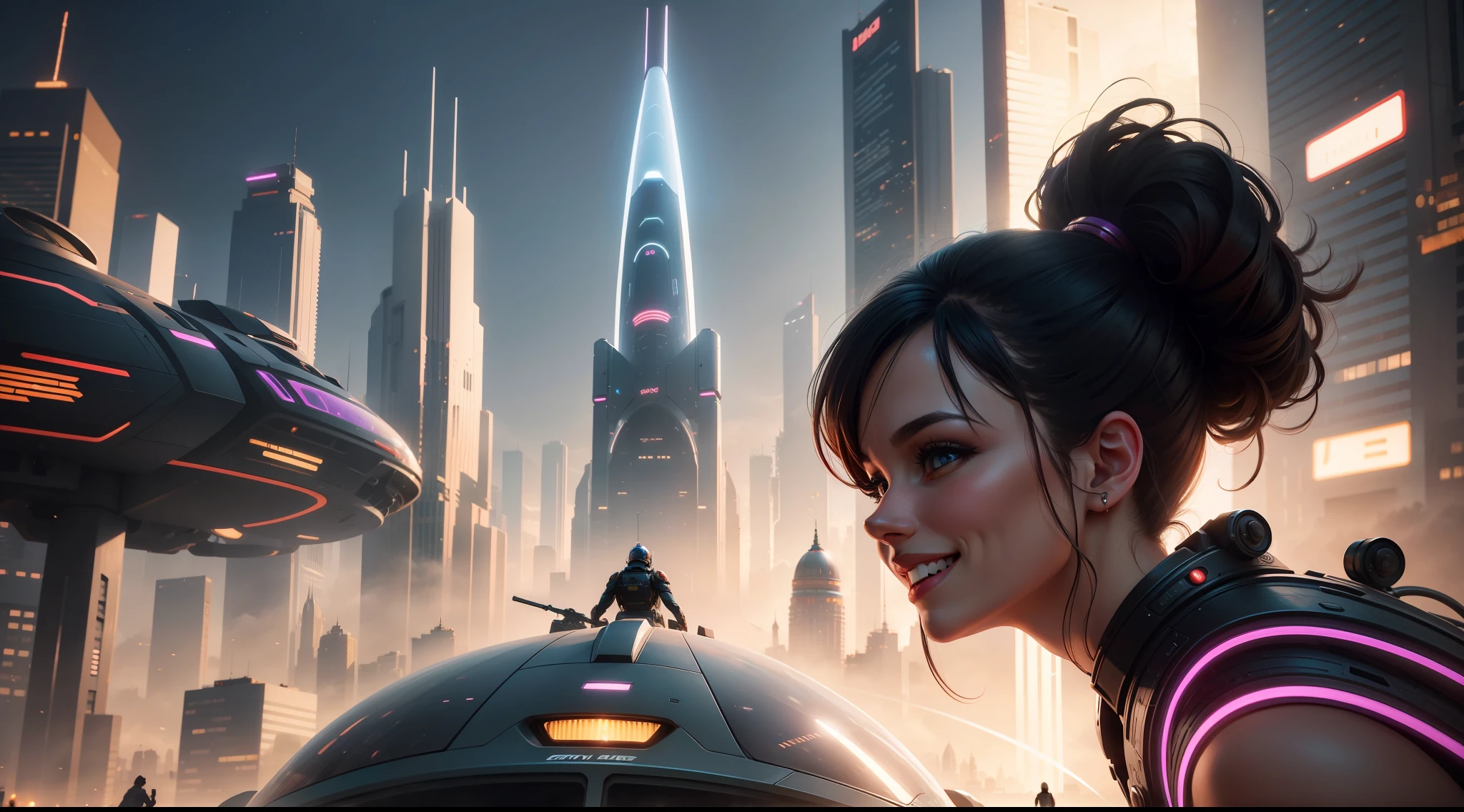 in beautiful futuristic cityscape, people smiling and playing, vibrant, photorealistic, realistic, dramatic, cinematic lighting, sharp focus, 8k
