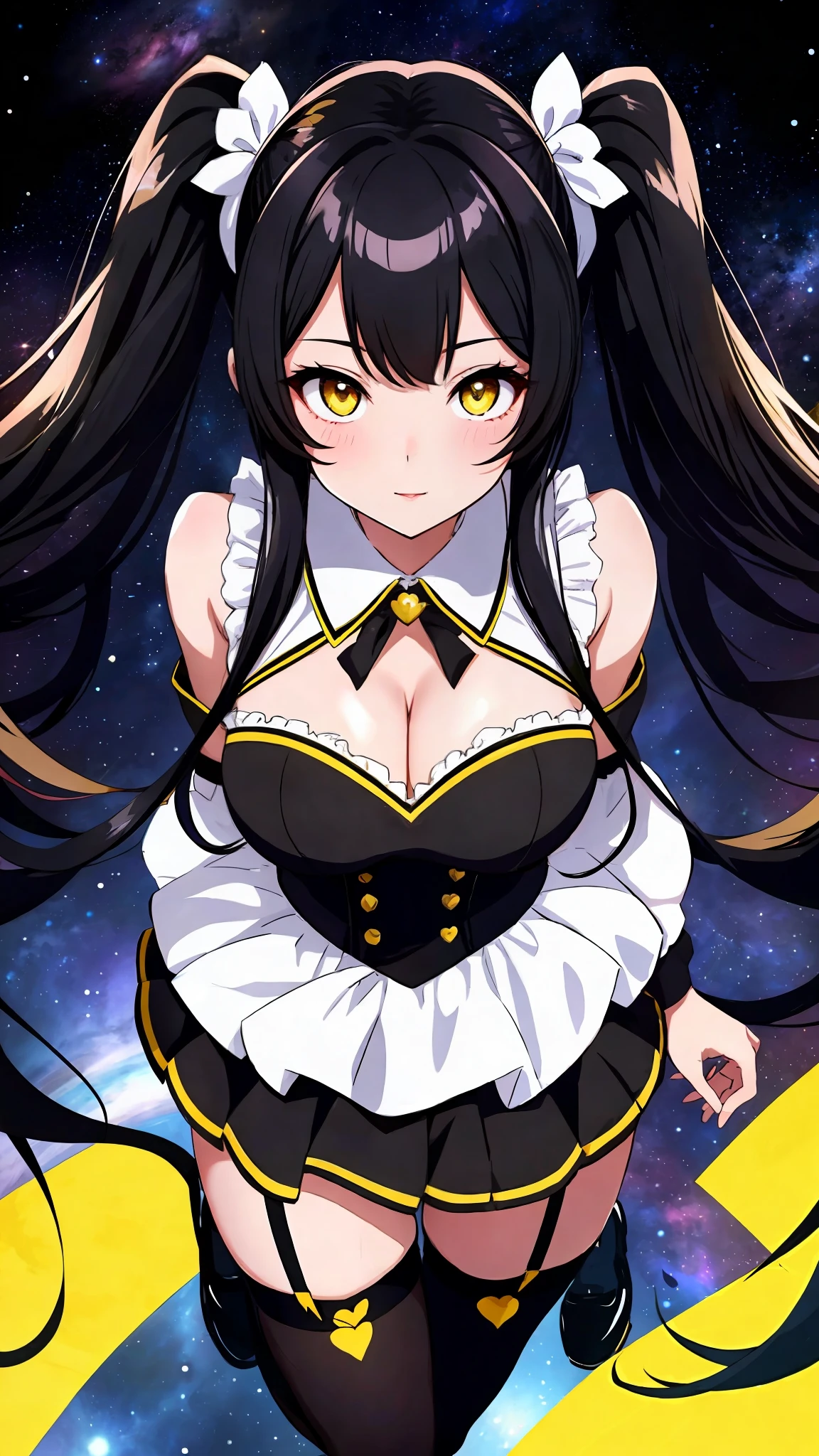Sexy, from above, facing viewer, face close up, cleavage, yellow eyes, black hair, twintail, busty, space background, full body, 8k, absurd quality, beautiful face, hands out of frame,absurd res, high res, (masterpiece:1.4), ultra-detailed, 1girl, from front, space, floating, stockings, black hair, heart shape eyes, yellow eyes, garter belt, yandere, twintail