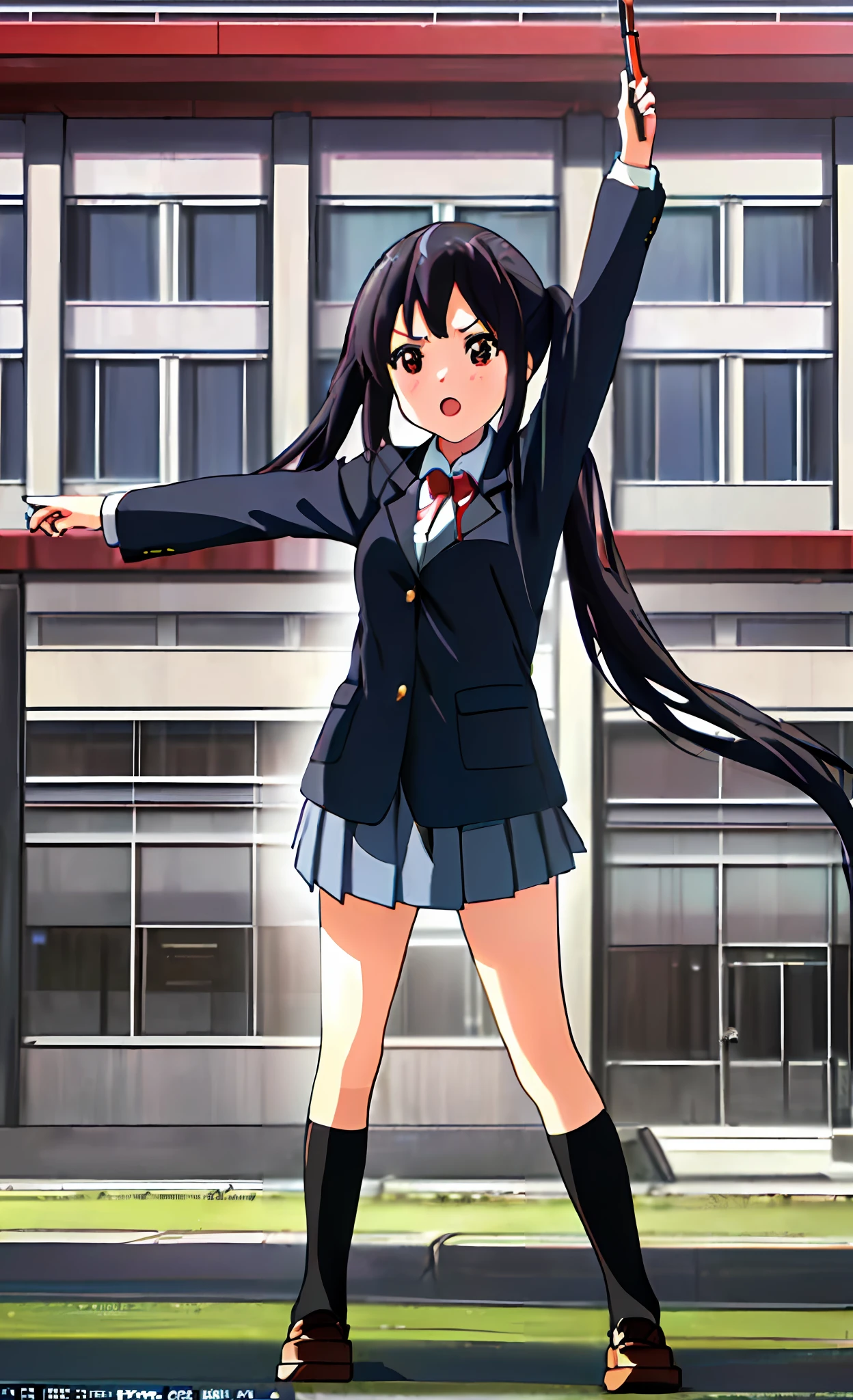 1girl, ((((Masterpiece))), Best Quality, Best Quality, High Detail, Azusa Nakano, 1girl, Sakuragaoka High School Uniform, Musical Instrument, School Uniform, Twin Tails, Long Hair, Black Hair, Brown Eyes, Solo, Red, Dark blue blazer with a thin ribbon of red, Solid white button shirt under blazer, Illustration, Cartoon, Soothing tones, Muted colors, Soft cinematic light, Adobe Lightroom, Photo Lab, HDR, complex and highly detailed, (((depth of field))))). (((Masterpiece))). (((highest quality))).) ((super detail))). (((Illustration))). (((Outside))). (((fighting stance))).,((((Giantization))).dynamic focus.small breasts. (((skyscrapers))). (((Cityscape))). (((Face of sadness))). Open mouth. Spread arms, hands do not hold anything,