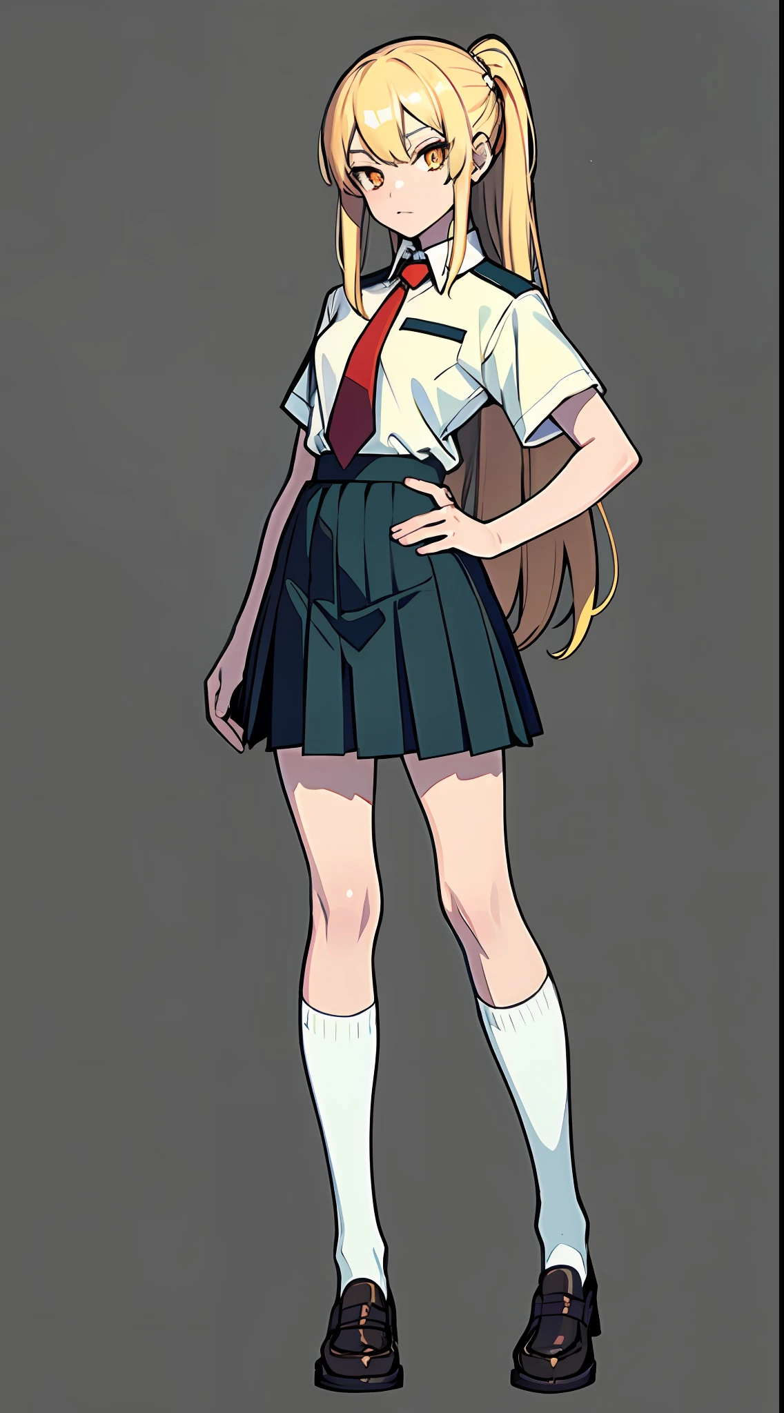 Masterpiece, Top Quality, 1girl,Orange eyes, Pale blonde, Half up, Long hair, Pull hair back, Full body, Hands on hips, Standing, Short sleeves, Solo, Watch Viewer, American uniform, Black socks, Blazer, Brown loafers, Black over-knee highs, Long sleeves, Pleated green skirt, Red tie, Uniform, Shirt, Simple background