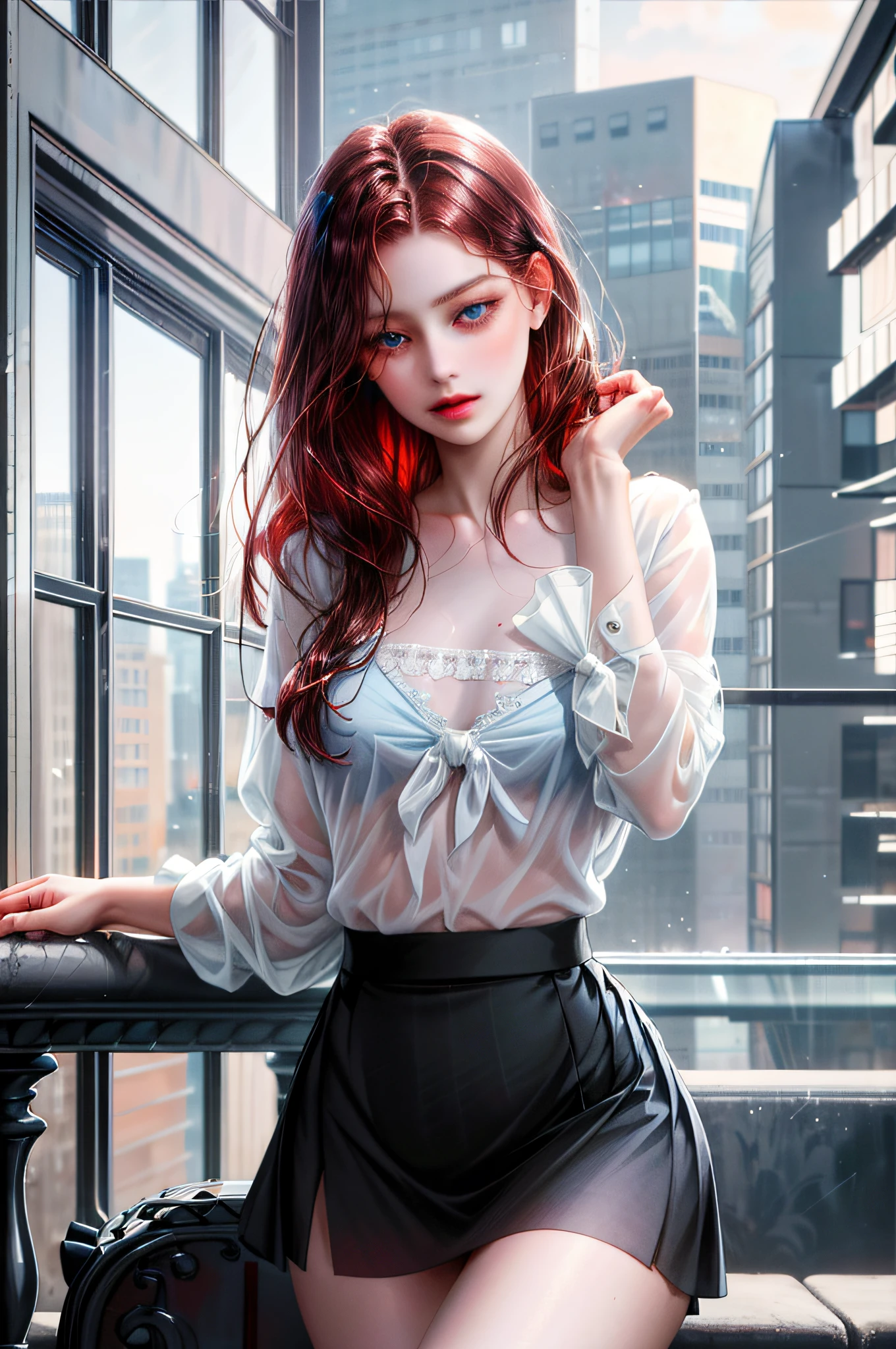 One creates a girl with dark red hair and blue eyes, beautiful, thin, flat, may be wearing a businessman's uniform, with short bobbed hair, ((white sheer blouse, black miniskirt)), underwear bite, sexy pose, lower body slender, behind the woman there are windows showing various buildings in the city (absurd, high resolution, super detail), carrier woman