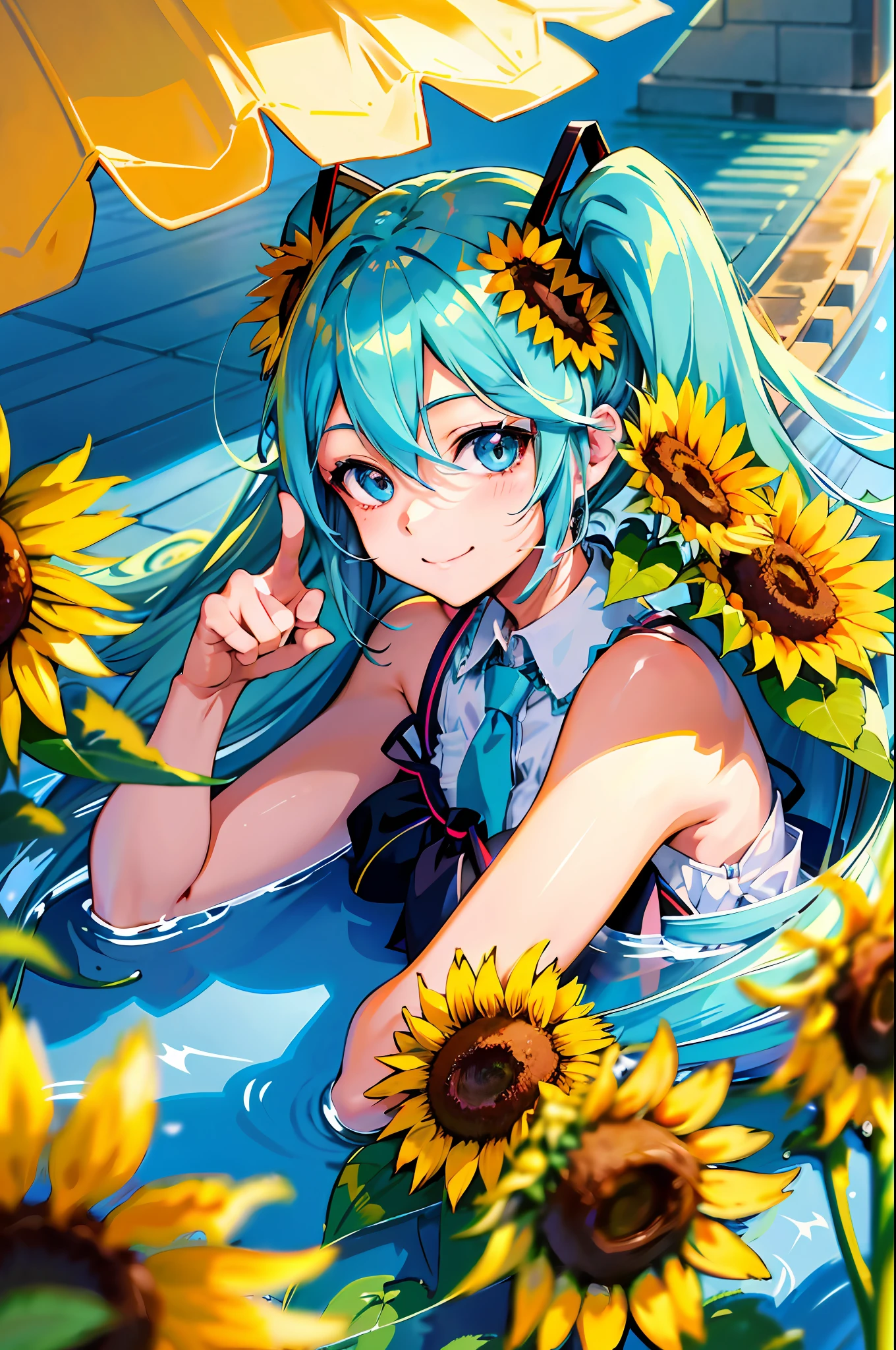 Hatsune Miku, light blue hair, twin tails, ((super detailed)), ((illustration)), ((disheveled hair)), (beautiful detailed eyes), beautiful, wonderful, detailed eyes, smile, right thumbs up, ((summer, sunflower)), isometric