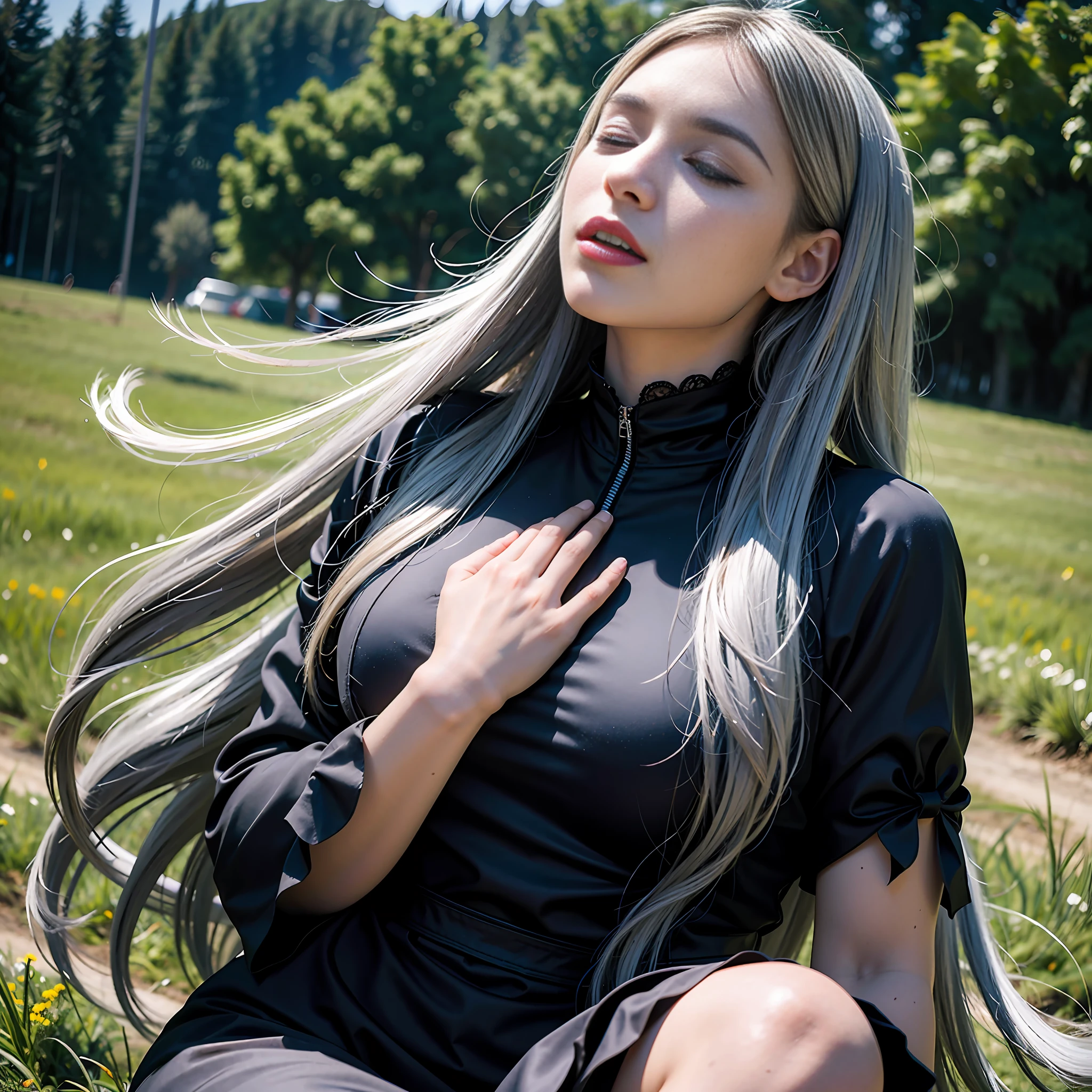 Beautiful singer, looking up to the heavens, singing to the sky, sadly, hyper-realistic detailed portrait, on a hill, (singing as if praying, closing her eyes and singing loudly, 35-year-old beauty), singing loudly, beautiful seven-colored wind blowing from her front, beautiful long gray hair fluttering behind her, very strong wind, beautiful 35-year-old beauty, wearing knee-length black dress, Gothic attire, highly detailed eyes, highly detailed gray hair, detailed symmetrical realistic face, highly detailed natural textures, singing on the prairie, avant-garde art, art by Wlop and Greg Rutkowski, Alphonse Mucha, ((wlop)), in frame, film post-processing, movie scenes, movie lighting, 16k, super realism, insanely detailed,