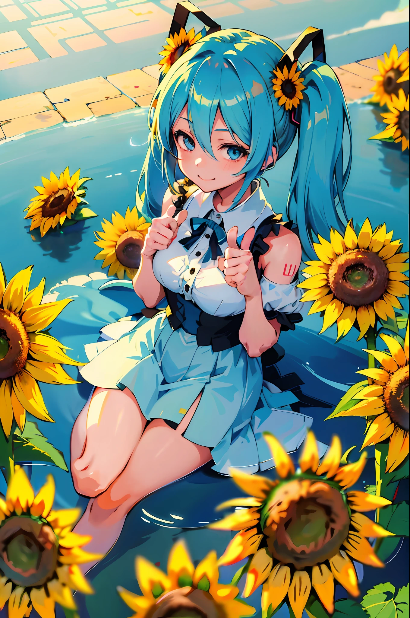 Hatsune Miku, light blue hair, twin tails, ((super detailed)), ((illustration)), ((disheveled hair)), (beautiful detailed eyes), beautiful, wonderful, detailed eyes, smile, right thumbs up, ((summer, sunflower)), isometric