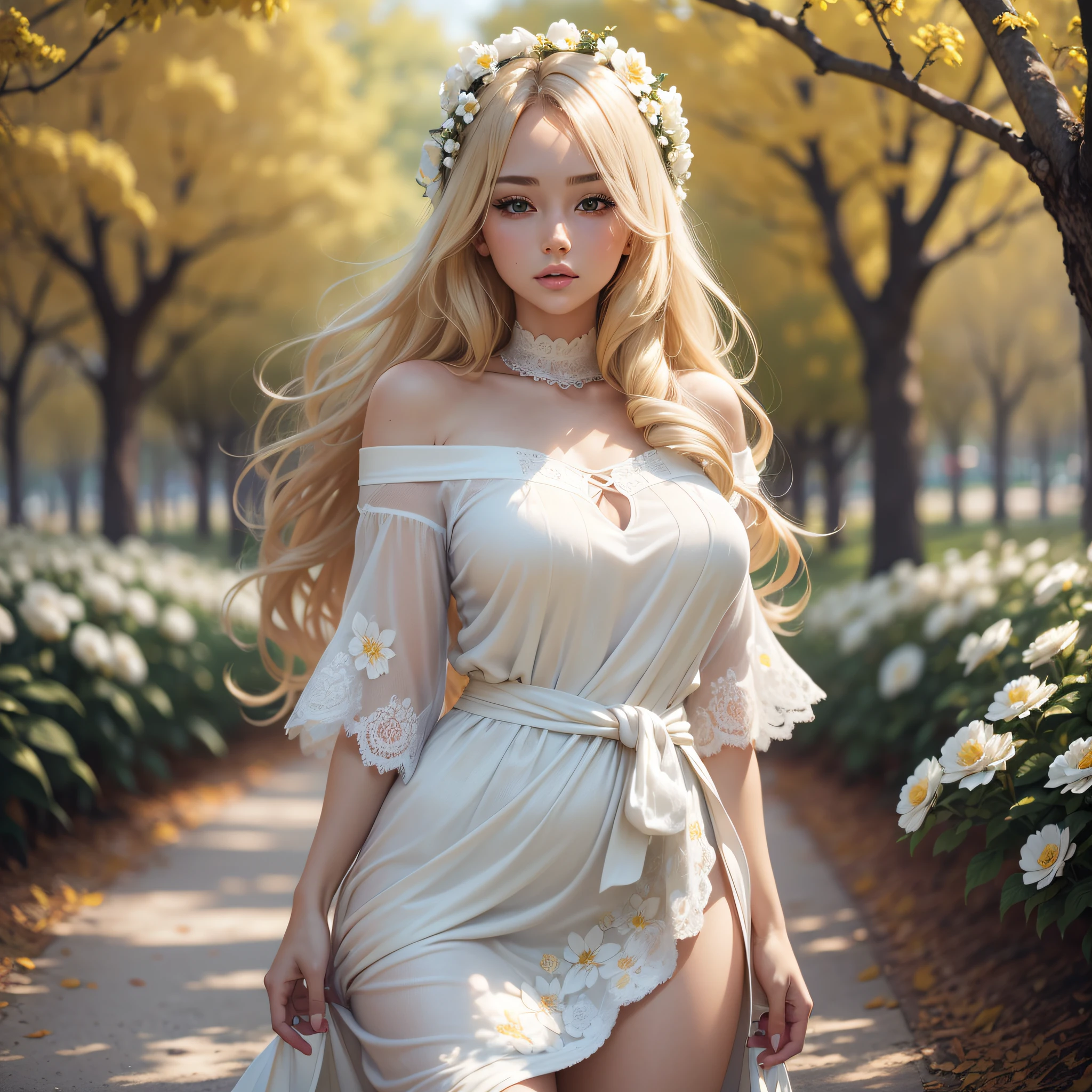 Blonde woman, in a park full of flowers, long white clothes, with right hand in hair, left hand in waist, looking seductively in front, beautiful and soft soft light, sexy young woman, sexy girl, alexa grace, elegant and smooth body, beautiful young blonde, flowery outfit, attractive features --auto --s2