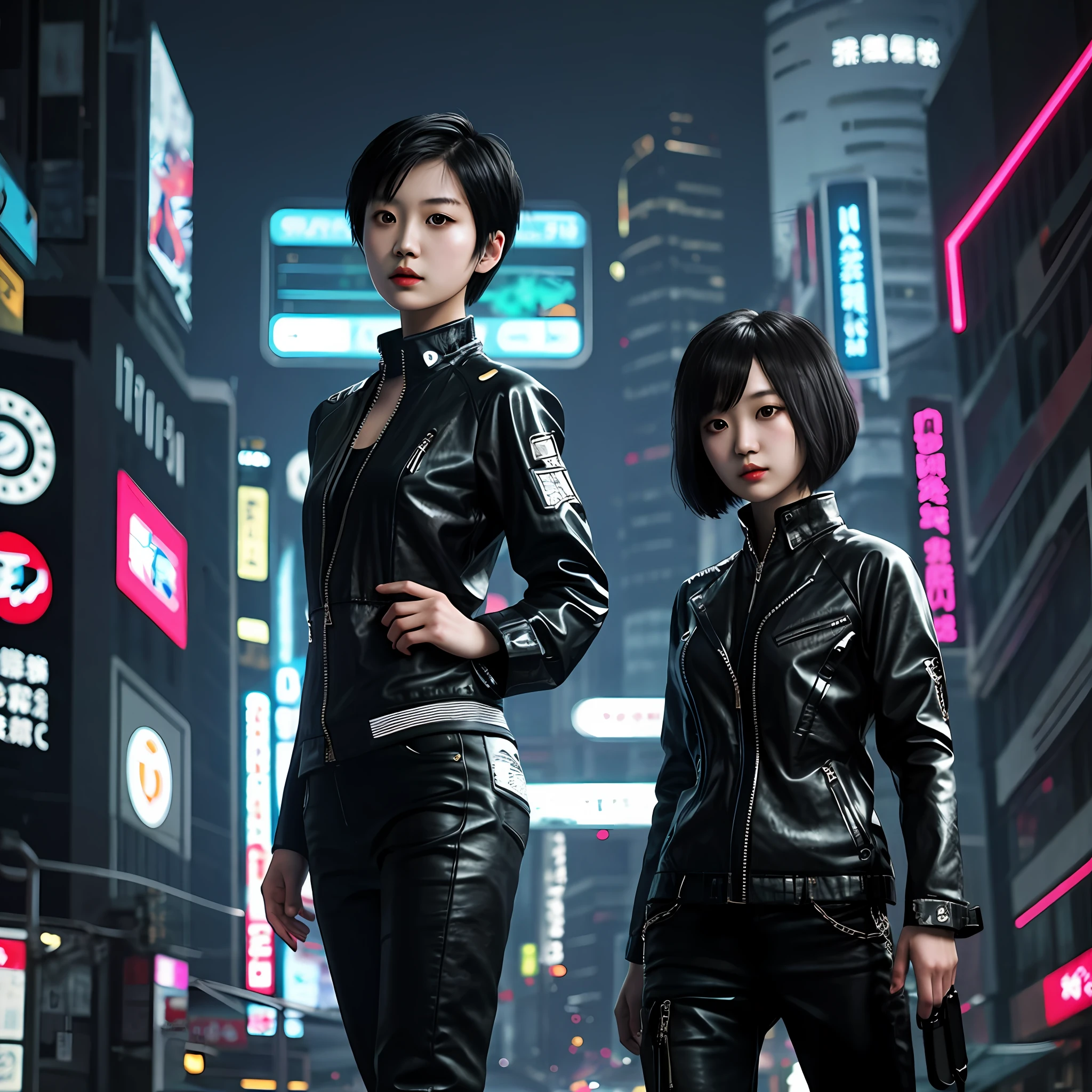 Girl, Asian, short hair, thin face, stylish cyberpunk outfit.