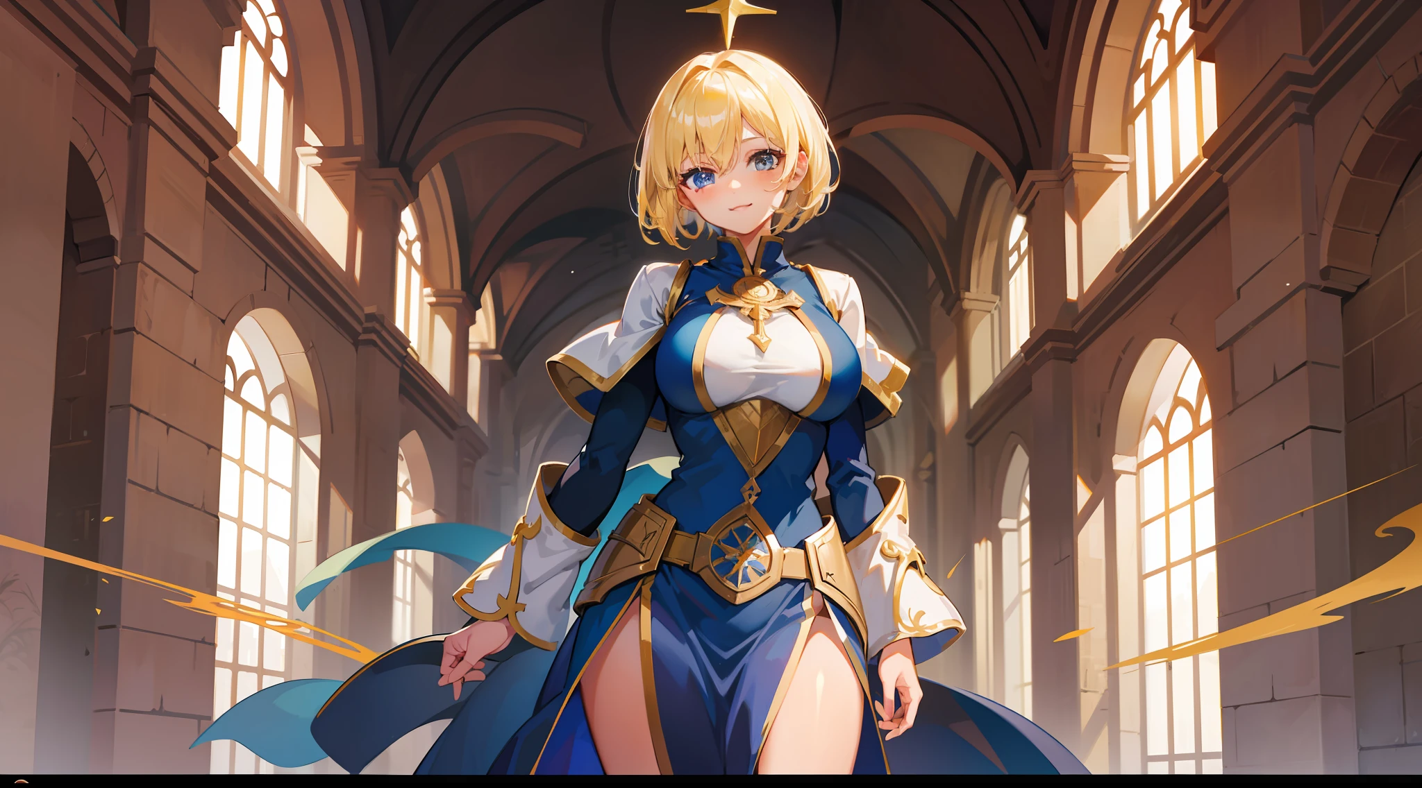 a girl, cleric, blonde, short hair, bright blue eyes, beautiful breasts, hair between eyes, bangs, full body, confident, heroic posture, smiling, fantasy, medieval, rays of sun