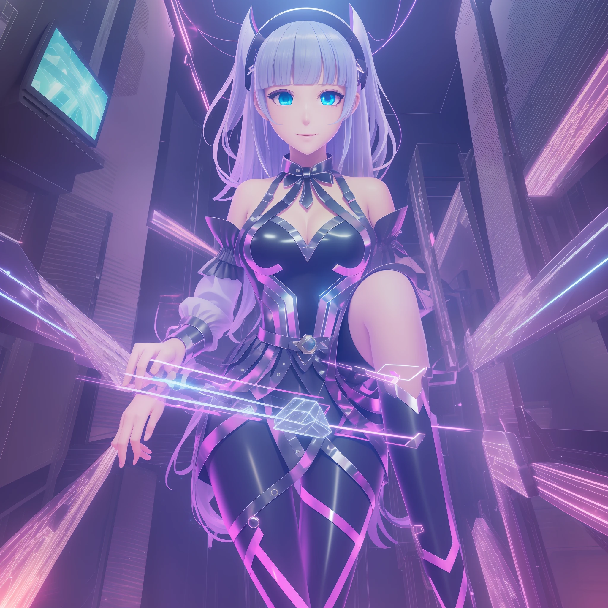 1girl, solo, full body, perspective, standing, long legs, bow legs, {{{{{{{{{hologram}}}}}}}}}, {{{{{{{circuitry}}}}}}}, {{{{{{{translucent}}}}}}} , {{{{{translucent skin}}}}}, {{{official art}}}, {{{{virtual youtuber}}}}, {{{{blue archive}}}}, {{{world flipper}}}, slight smile, determined, eye reflection, collar, hair ornament, holographic interface, computer, machine, machinery, neon trim, afterimage, shiny skin, shiny clothes, aqua eyes, slight smile, highres, absurdres, incredibly absurdres, solo, game cg, diffraction spikes, eye reflection, glowing, glowing hair, backlighting, light particles, light rays, magic, glass, light, shadow, white pupils, magical girl, gem, shorts under skirt, pantyhose, silver trim, frills, holographic interface, holographic monitor, electricity, bangs, blunt bangs, medium hair, gold trim, silver trim, fringe trim, hair ornament, hexagon, triangle, ankle boots