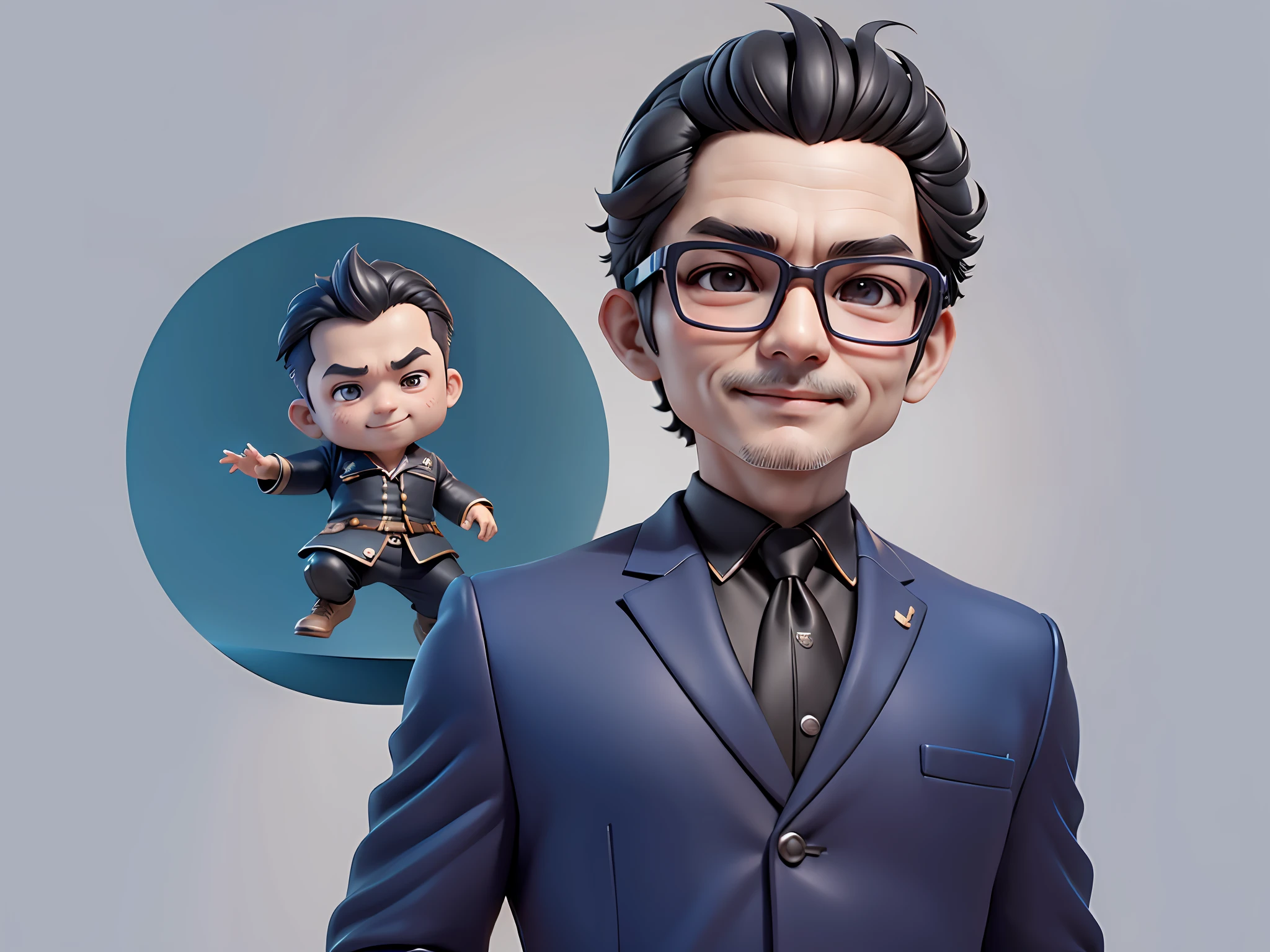 Taiwanese middle-aged uncle male portrait, extremely detailed face, black hair, (super short hair) middle-aged handsome uncle, Taiwanese man, silver glasses, slightly chubby face, very clean face, black super short hair, black eyes, black suit, blue tie, confident smile, digital painting, film, character design of Mark Laedon and Pixar and Hayao Miyazaki, the illustration is a 4K resolution HD illustration with very detailed facial features and cartoon-style visuals.