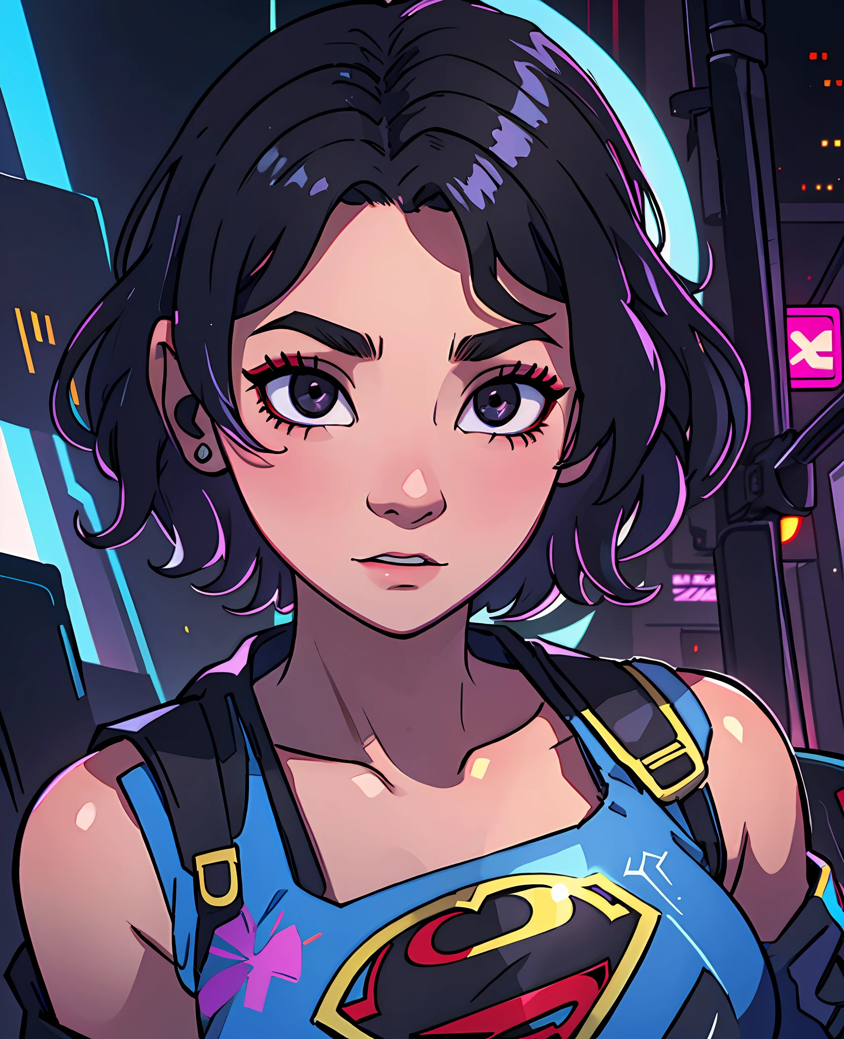 supergirl, short hair, black hair, black hair happy face, shiny black eyes, cyberpunk style --auto --s2