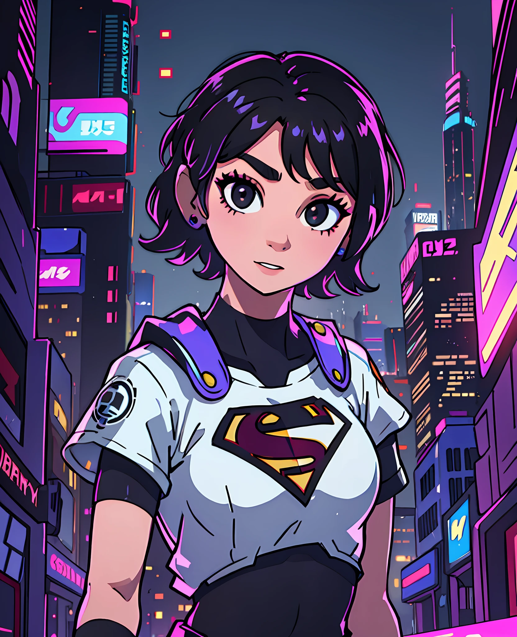 supergirl, short hair, black hair, black hair happy face, shiny black eyes, cyberpunk style --auto --s2