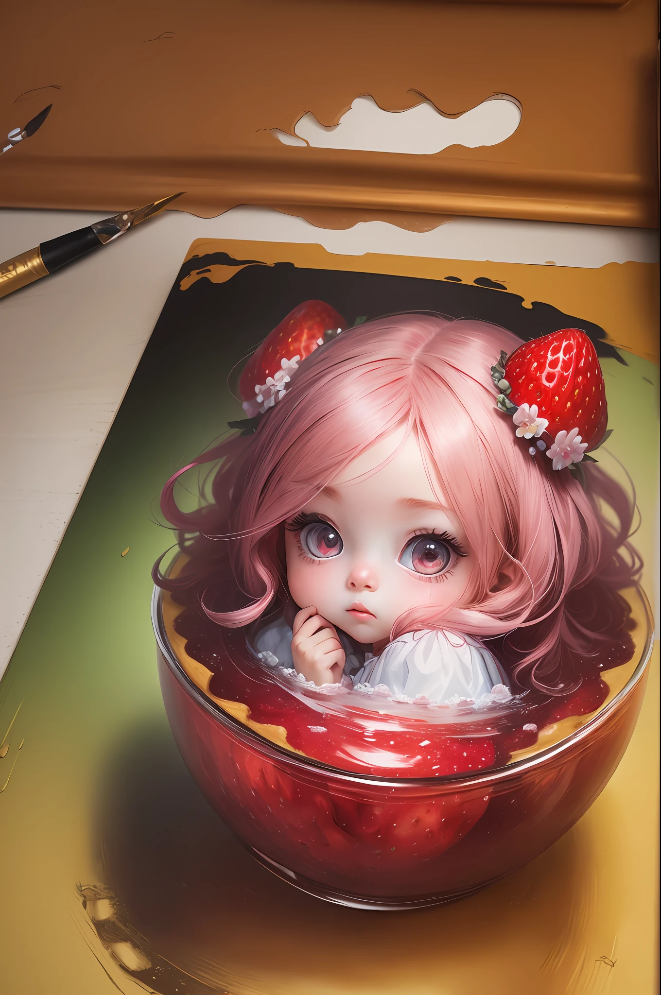 ( Absurd , High quality , ultra detailed, masterpiece, concept art, smooth, highly detailed artwork, hyper realistic painting ) , *********** , strawberry shortcake character, cute , whole body , Romantic , Vivid