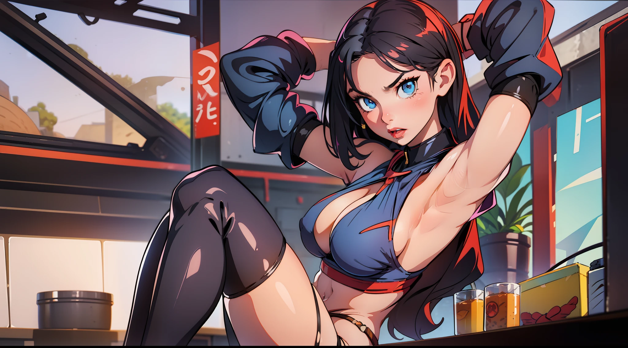 suit, action pose, lewd face, sexy, cleavage, black hair, blue eyes, tight bikini, thigh highs, short sleeves, armpits, large breasts, wide hips, thick thighs, muscles, abs, no teeth, beautiful face, realistic, ray traced, beautiful eyes, red lipstick