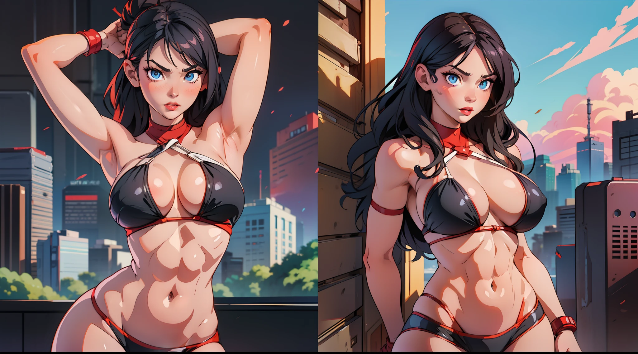 suit, action pose, ???? face, ????, cleavage, black hair, blue eyes, tight ??????, thigh highs, short sleeves, armpits, ?????????????, wide ????, thick thighs, muscles, abs, no teeth, beautiful face, realistic, ray traced, beautiful eyes, red lipstick