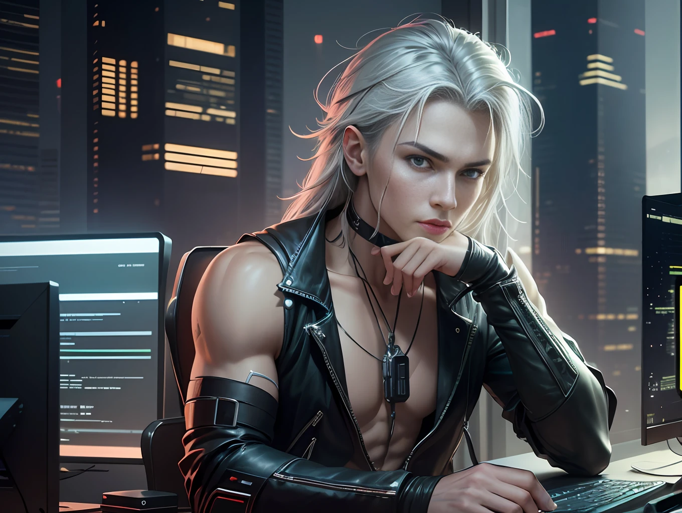 CG exquisite, master masterpiece, cyberpunk style, in a room, sitting in front of the computer, male protagonist: delicate facial features, obvious silhouette, handsome, big green eyes, silver hair, male god, holding a mobile phone, wearing a black vest close-up, creating cracks in reality, powerful aura, destroyed city, very dark, night, 8k, 64k, hd, unparalleled masterpiece, dynamic lighting, movie, epic Digital art of the highest quality, Stunning art, wallpaper 4k, super detail, Maximum resolution --auto --s2