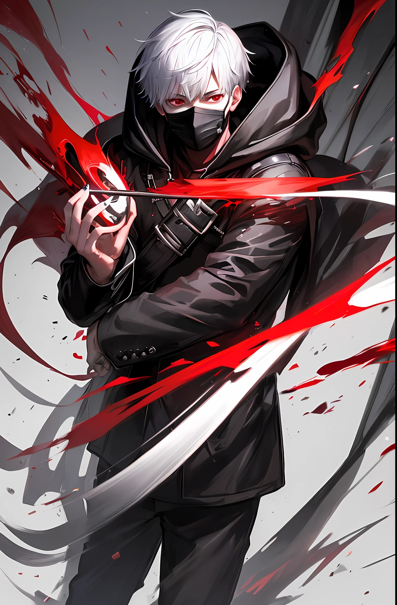 kk, best quality, more details, masterpiece, 1boy, kaneki ken, portrait, close-up, male focus, red eyes, solo, mask, black nails, bangs, looking at viewer, hood, short hair, black background, hand up, hood up, nail polish, mouth mask, teeth, white hair, black mask, luxurious, 8k, detailed, ray tracing, depth of field, cinematic lighting, blood,