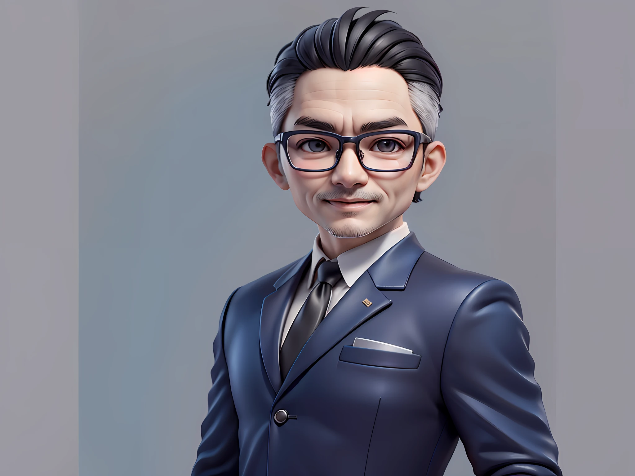 Taiwanese middle-aged uncle male portrait, extremely detailed face, black hair, (super short hair) middle-aged handsome uncle, Taiwanese man, silver glasses, slightly chubby face, very clean face, black super short hair, black eyes, black suit, blue tie, confident smile, digital painting, film, character design of Mark Laedon and Pixar and Hayao Miyazaki, the illustration is a 4K resolution HD illustration with very detailed facial features and cartoon-style visuals.