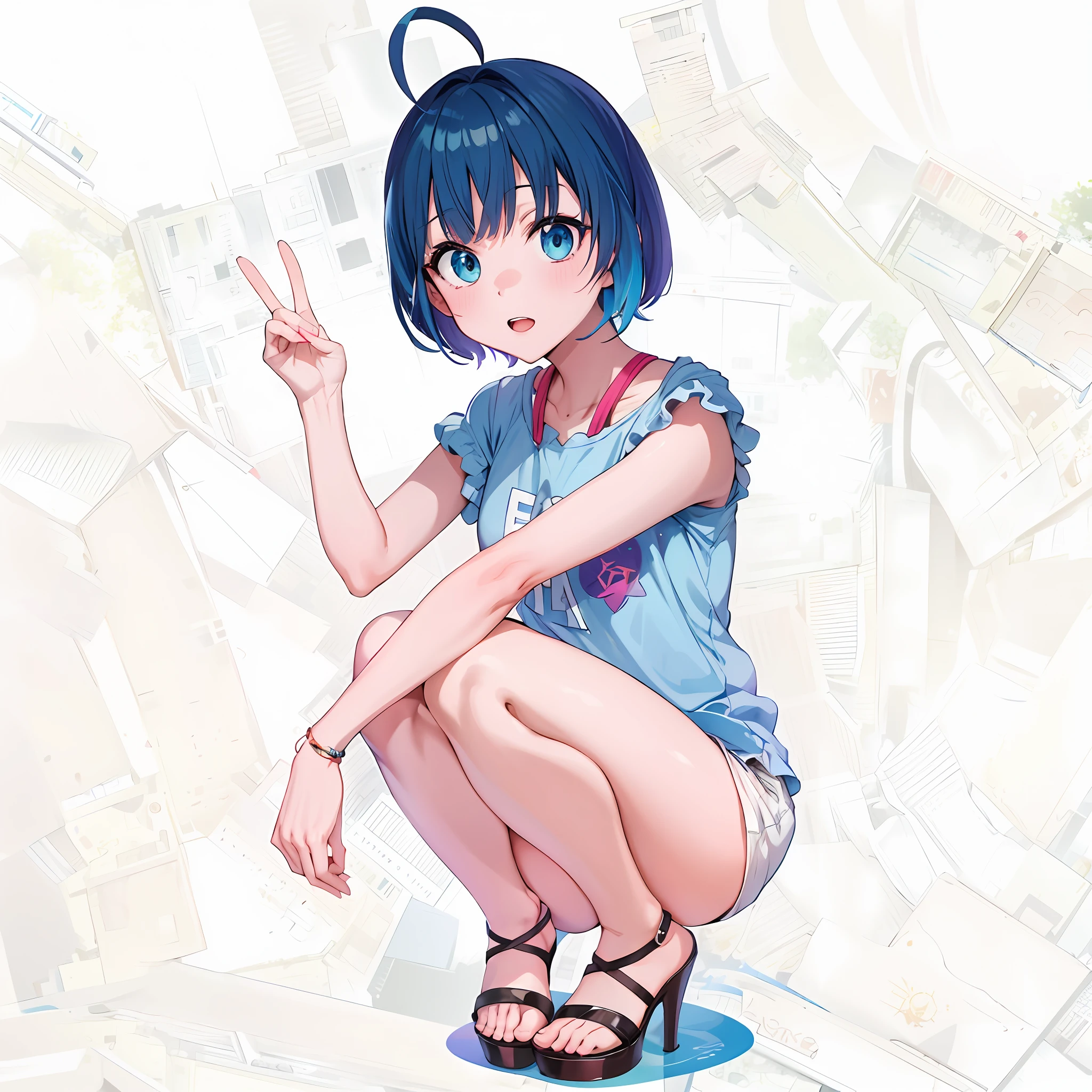 ((masterpiece, best quality)), ((ultra quality)), very detailed, simple eyes, anime style, looking_at_viewer, anime girl with blumine and dark aqua gradient hair and ahoge, live2d virtual youtuber model, short blumine and dark aqua gradient haired woman, blumine and dark aqua gradient colored hair, with peace finger, with two finger peace, 2d anime style, stylized anime, short hair, anime style, 8k, anime stylized, bangs, anime in scenery, white mode background, dark blumine colored eyes