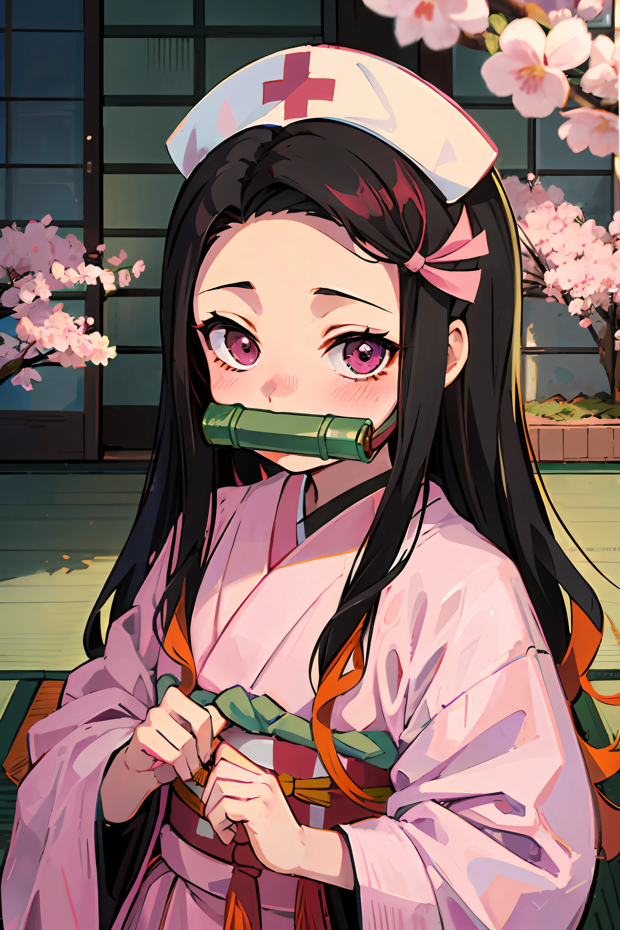 kamado nezuko, bit gag, gagged, demon slayer, nezuko, nurse, hospital, shy face, saruto, black hair, pink ribbon, nurse cap, loli, 5 year old girl, chibi character, 2 color hair, two-tone hair, orange hair, gradient hair color, Japan garden view, tatami mats, bonsai, cherry blossoms,