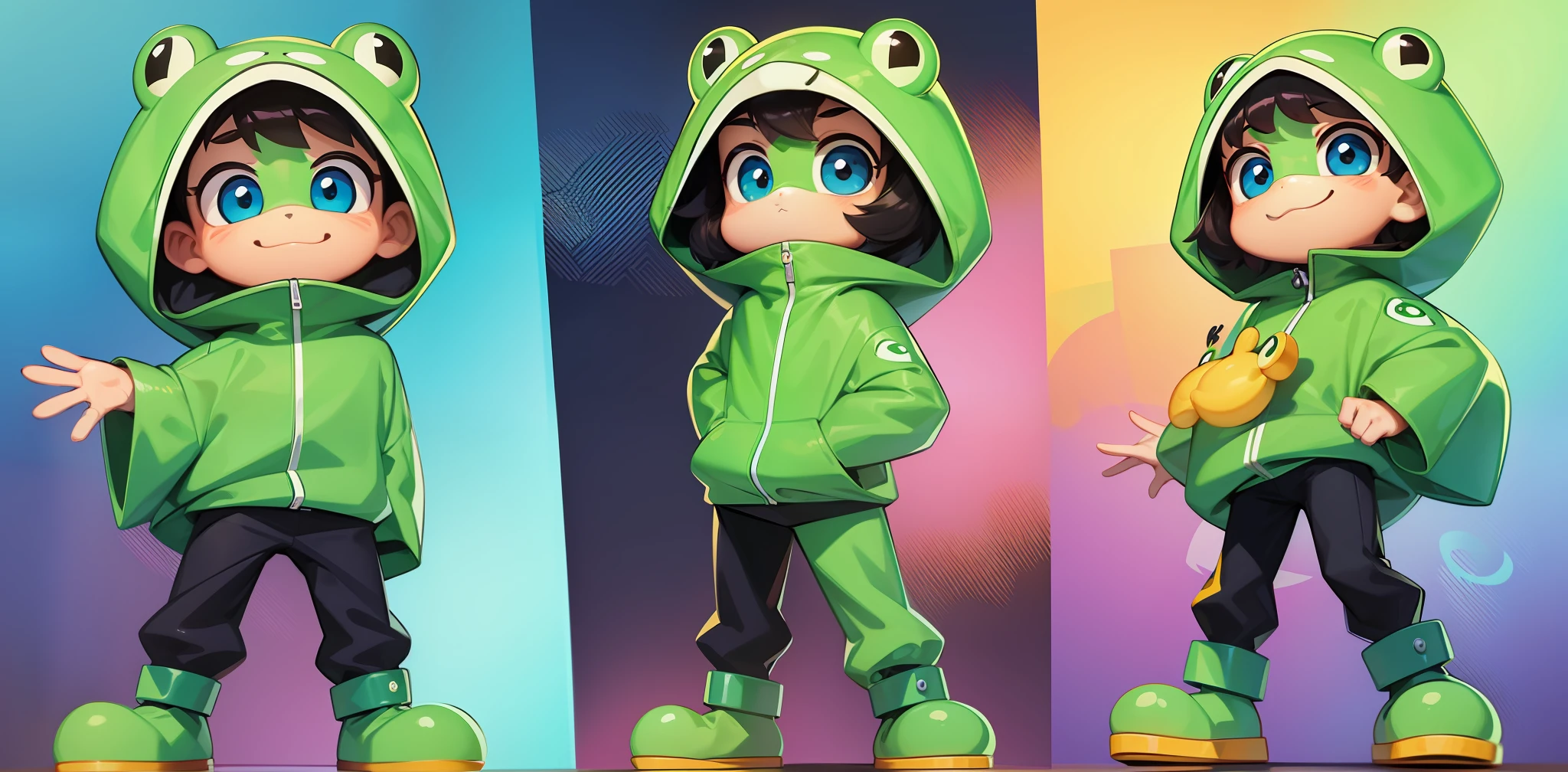 cartoon boy in a frog costume waving, cute character, cute cartoon character, cute boy, cartoonish cute, full body mascot, cute cartoon, mascot illustration, character art of maple story, with teal clothes, cartoonish vector style, cute cartoon style, high quality character design, animation character, chibi, anime boy, cute illustration, scout boy, japanese mascot, Same character, front, side, back, 8k, 8k --auto --s2