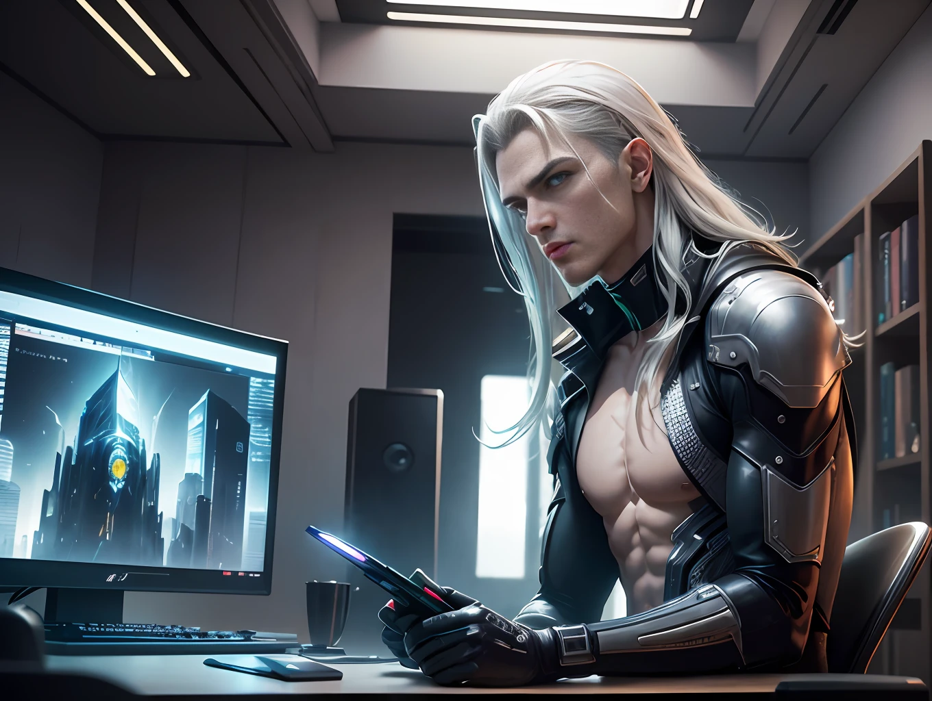 CG exquisite, master masterpiece, cyberpunk style, in a room, sitting in front of the computer, male protagonist: delicate facial features, obvious silhouette, handsome, big green eyes, silver hair, male god, holding a mobile phone, wearing a black vest close-up, creating cracks in reality, powerful aura, destroyed city, very dark, night, 8k, 64k, hd, unparalleled masterpiece, dynamic lighting, movie, epic Digital art of the highest quality, Stunning art, wallpaper 4k, super detail, Maximum resolution --auto --s2