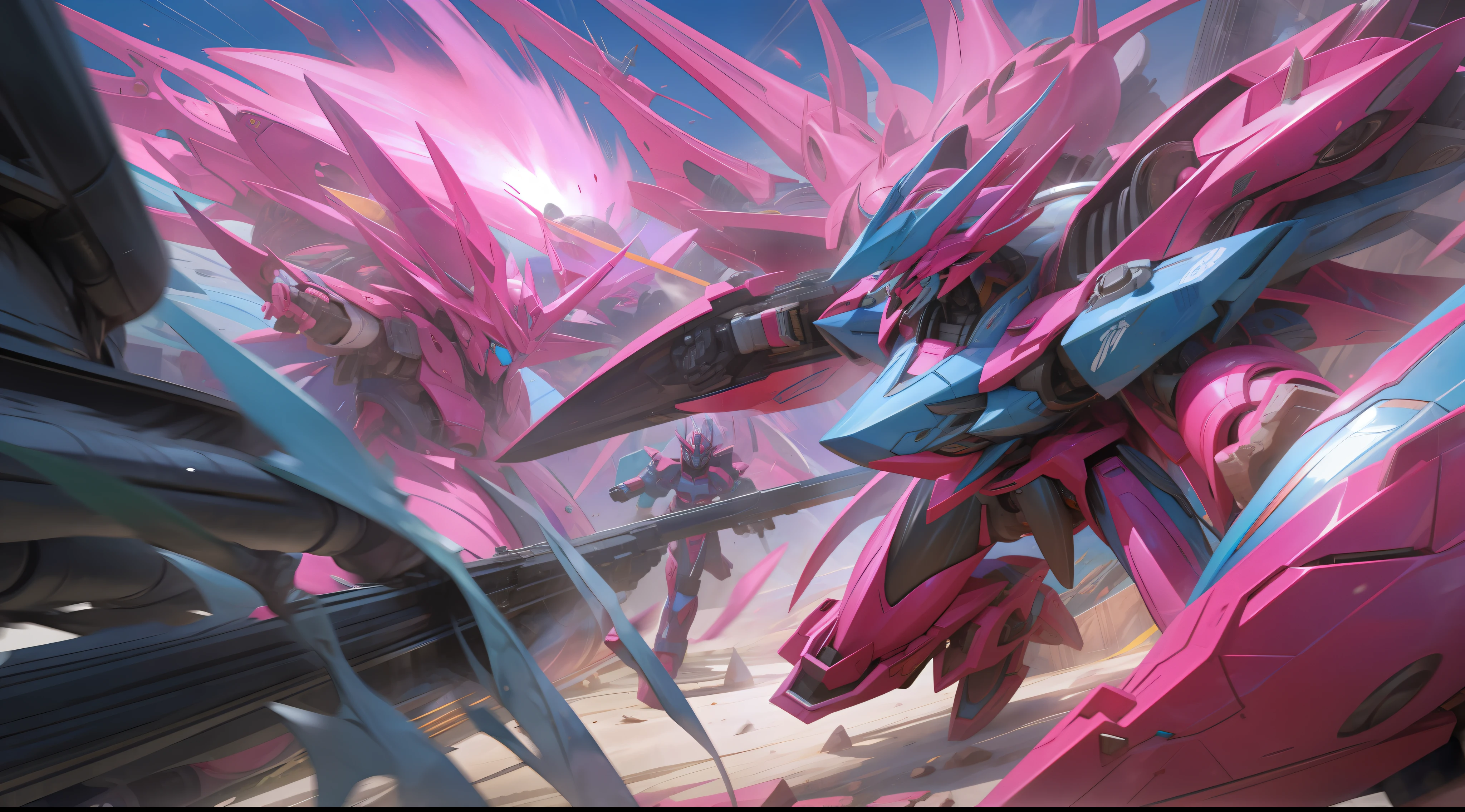 blue and pink, a gurren laggan mecha war in the cosmo