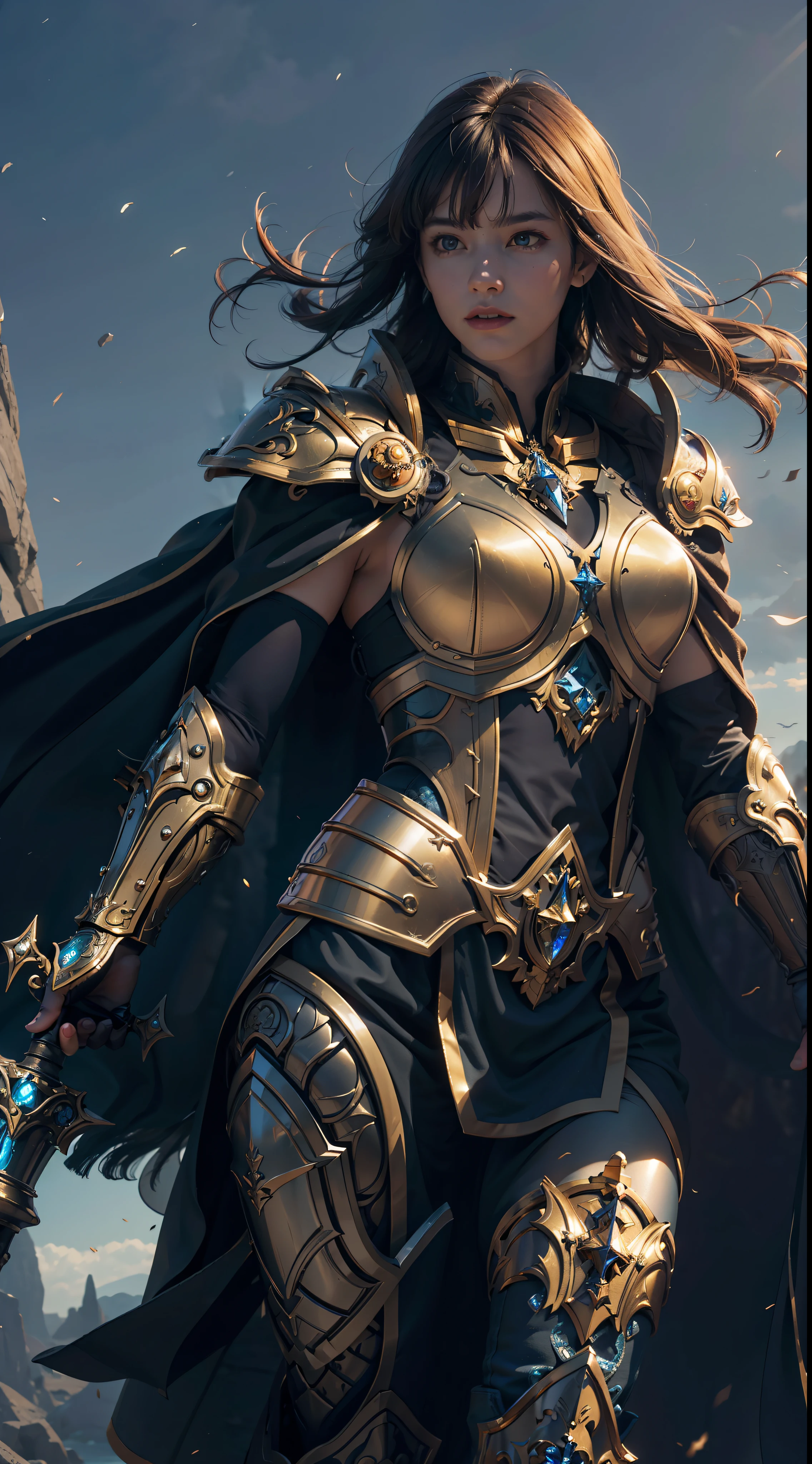 8k,ultra detailed, masterpiece, best quality, (extremely detailed), dynamic angle, Mysterious expression, wind effect, fantasy background, rim lighting, cinematic light, ultra high res, 8k uhd, film grain,best shadow, delicate, RAW, light particles, detailed skin texture, detailed armor texture, detailed face, intricate details, ultra detailed, bright, strong, golden armor, (holding hammer), smashing, smash action, pauldrons, glowing eyes, long cape, fantasy, (realistic), shoulder armor, complex, intricate, perfect lighting, looking at viewer, cinematic lighting, flying in sky,flying, holy light, vivid, bangs, windy