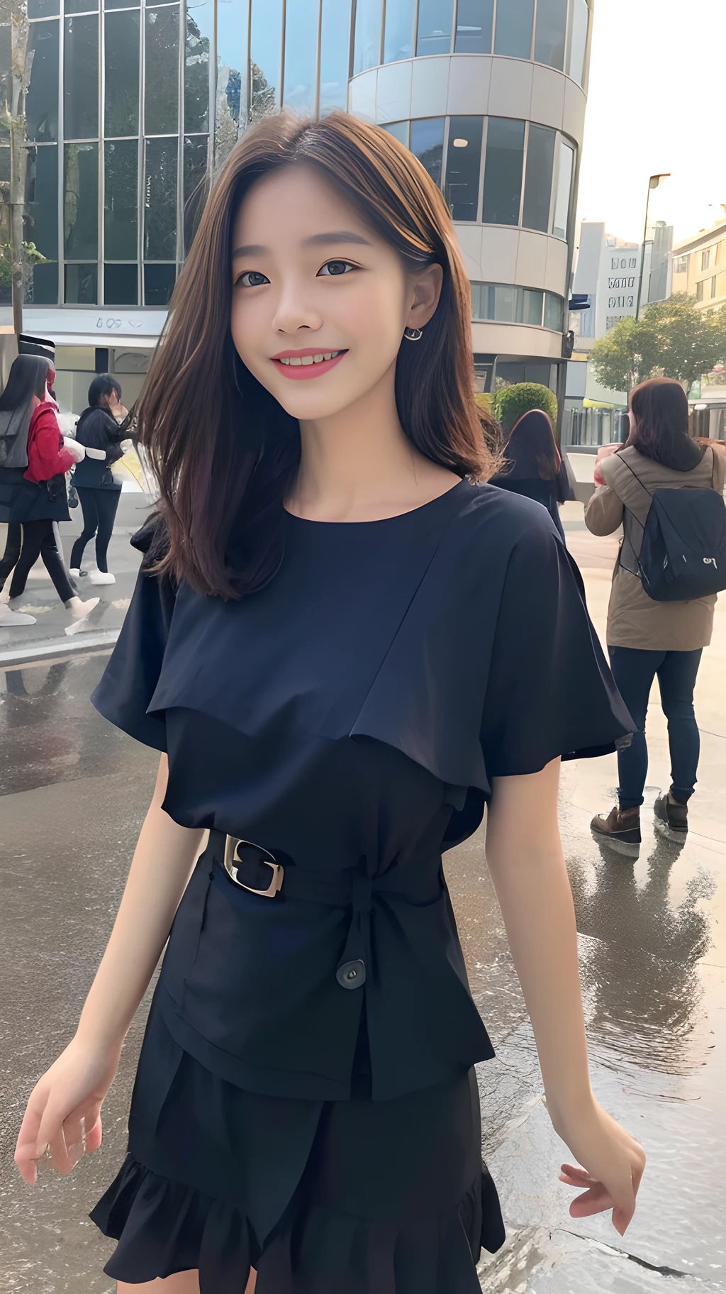 ((Best Quality, 8K, Masterpiece:1.3)), Focus: 1.2, Perfect Body Beauty: 1.4, Buttocks: 1.2, ((Layered Haircut, Breasts: 1.2)), (Wet Clothes: 1.1), (Rain, Street:1.3), Bandeau Dress: 1.1, Highly Detailed Face and Skin Texture, Fine Eyes, Double Eyelids, Whitening Skin, Long Hair, (Shut Up: 1.3), Smile