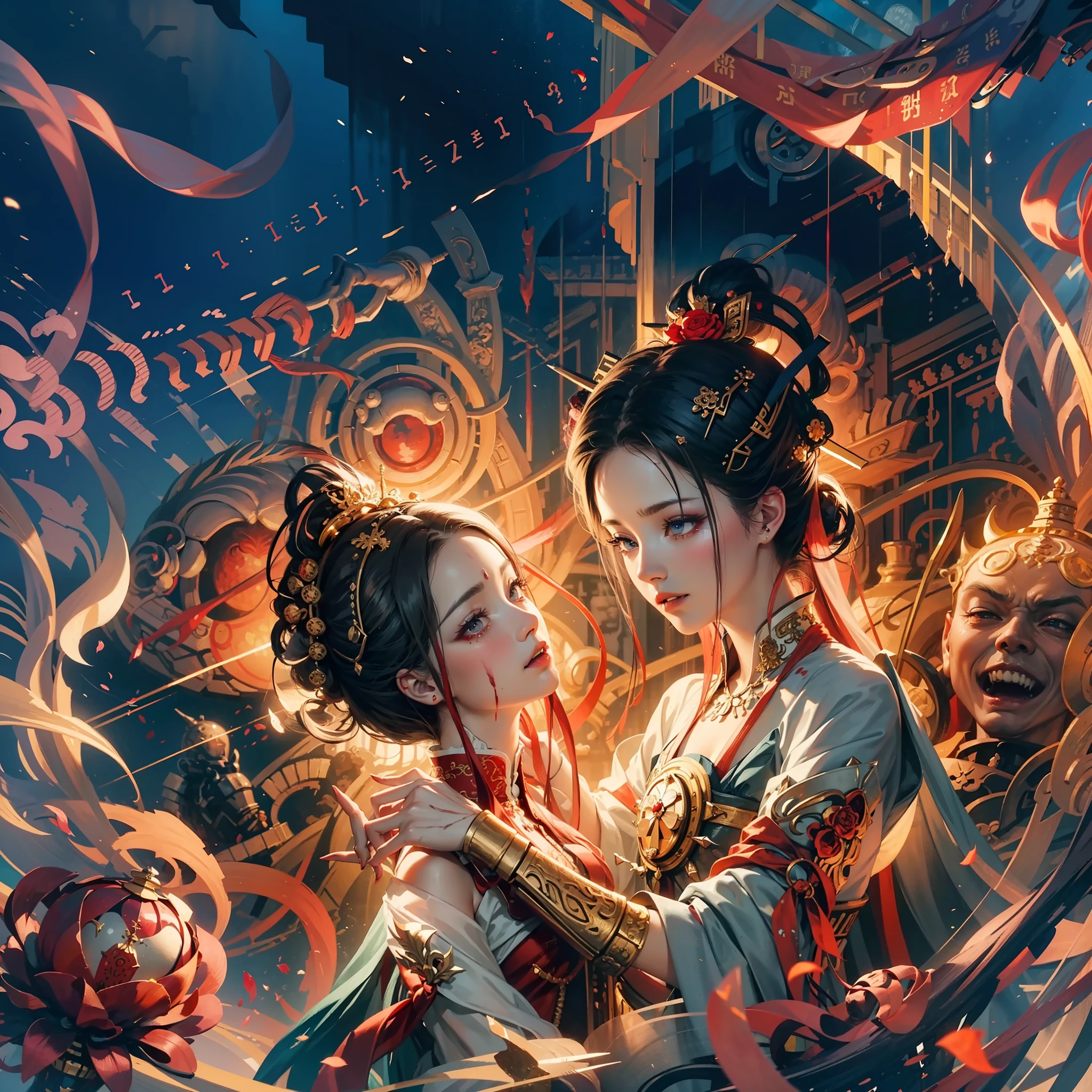 Best Quality, Masterpiece, Super Detail, Extreme Detail, 8k Wallpaper, Realistic Details, Movie Lighting, Dynamic Angle, World Mastery Theater, Best Quality, Extremely Delicate Beautiful Girl, Perfect Face, Delicate Facial Features, Perfect Hands, Delicate Eyelashes, Delicate Eyes, Ancient Chinese Hairstyle, Peking Opera, Horror, Spooky Atmosphere, Darkness, Red Lantern, Spirit Rune, Puppete-type Body, Messy, Bloodstained, Sharp Teeth, Bust, Melancholy Expression, Small Laugh, Blood Tears, Rose Petals, Red Candle, Side Look