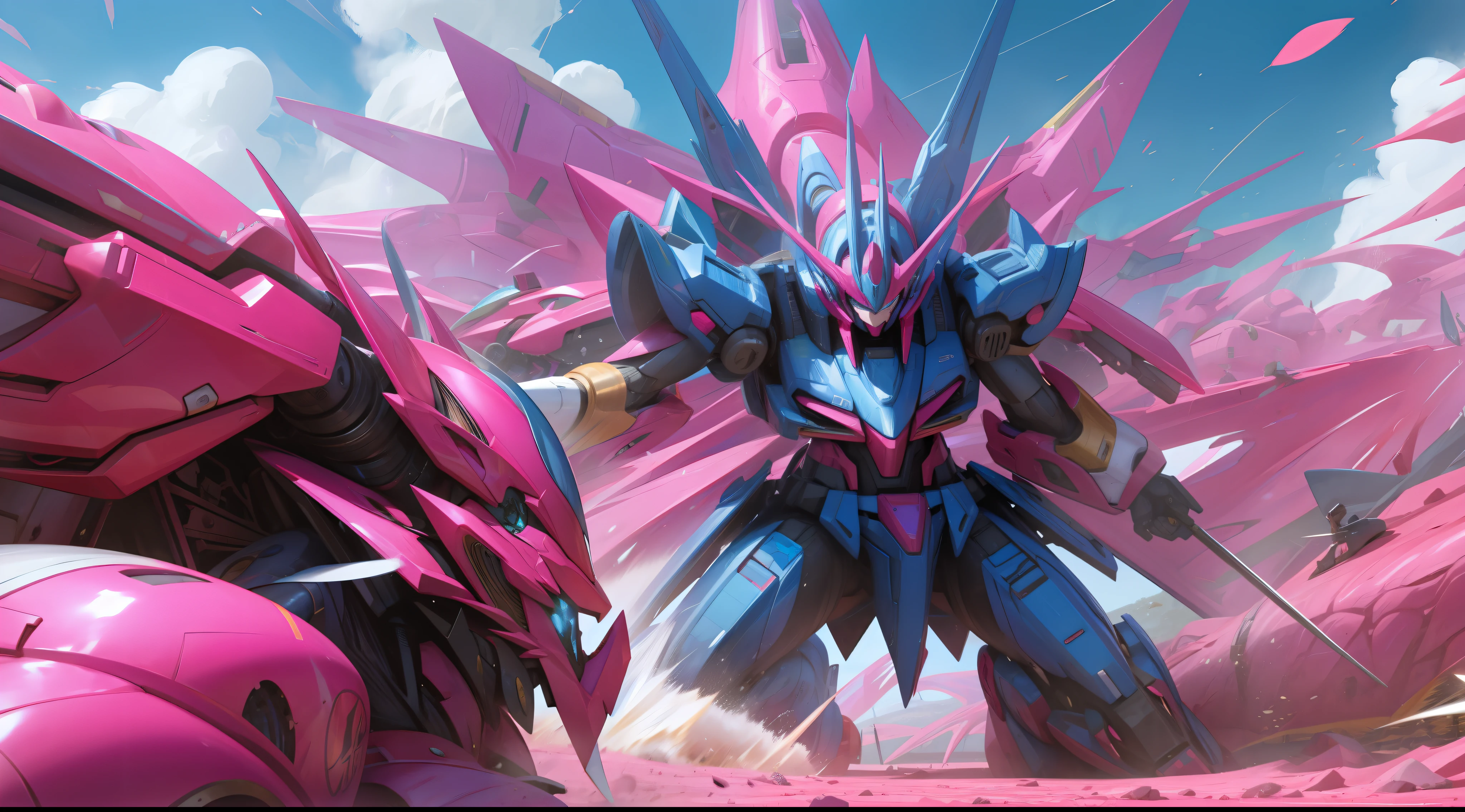 blue and pink, a gurren laggan mecha war in the cosmo