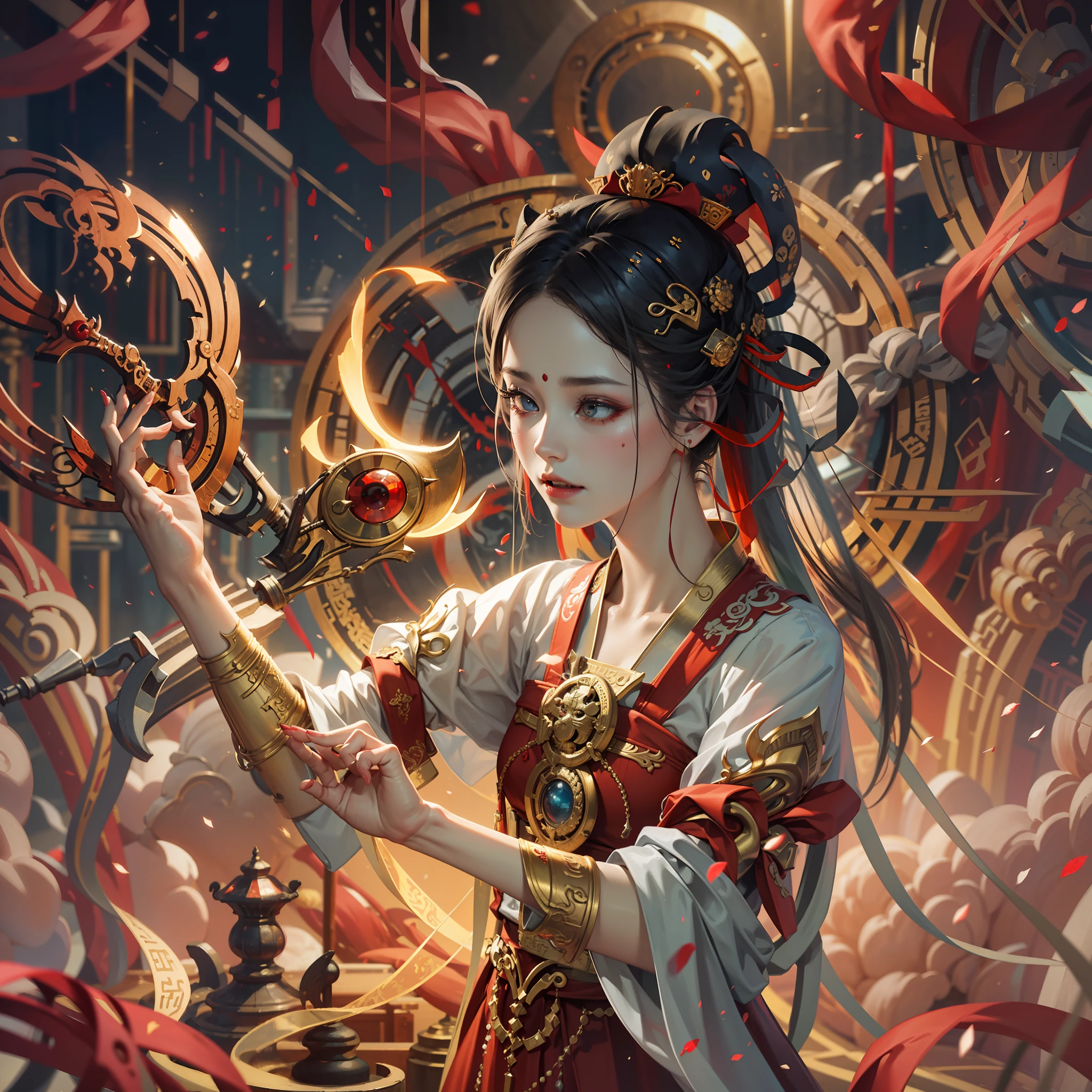 Best Quality, Masterpiece, Super Detail, Extreme Detail, 8k Wallpaper, Realistic Details, Movie Lighting, Dynamic Angle, World Mastery Theater, Best Quality, Extremely Delicate Beautiful Girl, Perfect Face, Delicate Facial Features, Perfect Hands, Delicate Eyelashes, Delicate Eyes, Ancient Chinese Hairstyle, Peking Opera, Horror, Spooky Atmosphere, Darkness, Red Lantern, Spirit Rune, Puppete-type Body, Messy, Bloodstained, Sharp Teeth, Bust, Melancholy Expression, Small Laugh, Blood Tears, Rose Petals, Red Candle, Side Look