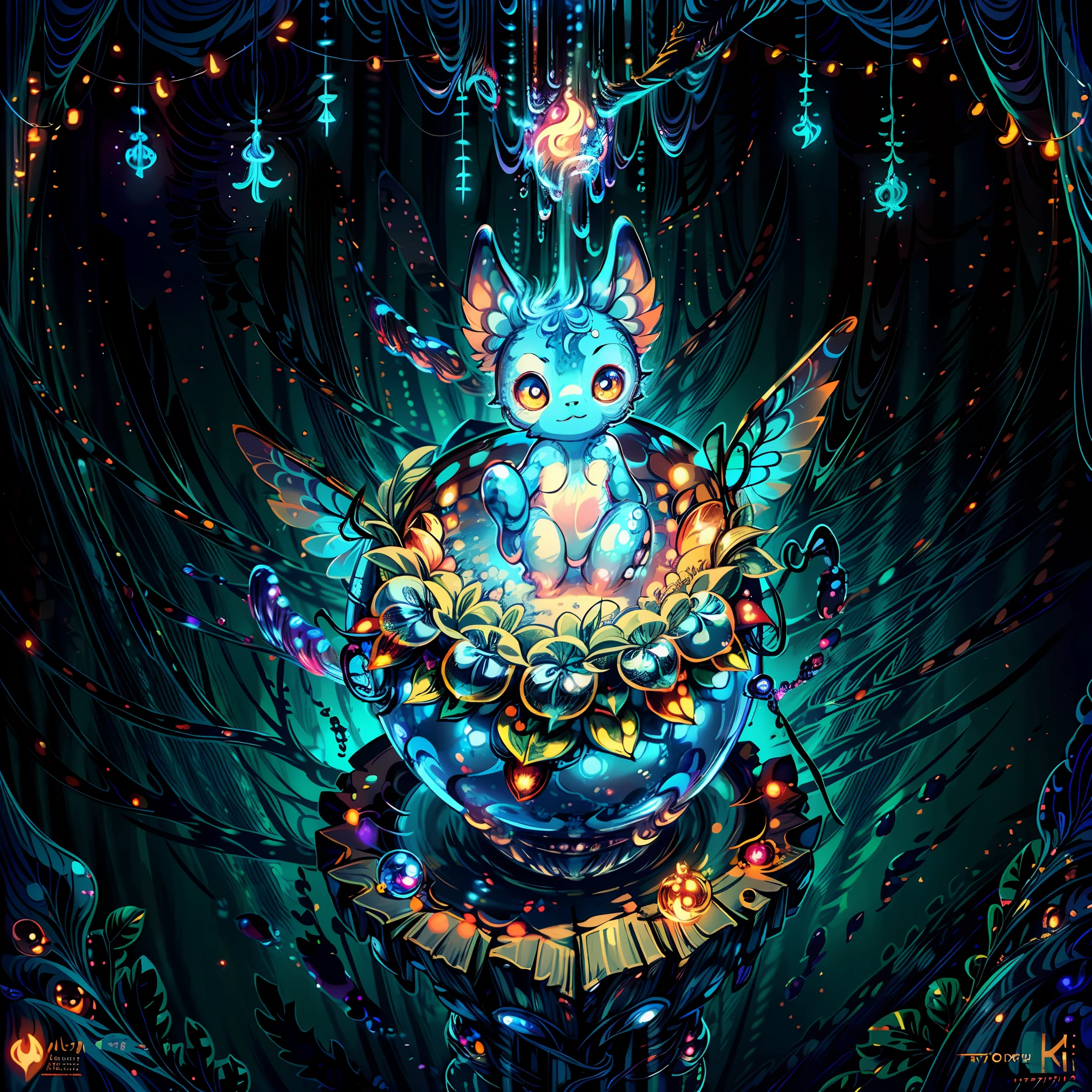 (a miniature creature with many paws in a bottle, a detailed and high-quality CG Unity 8k image, masterpiece quality, art illustration), (thanks to macro photography and detailed description, this creature is detailed and attractive, with wings, big sad eyes and glowing spots), in a dark and deep forest, with a mystical atmosphere and night lighting, (no human:1.5), (creature:1.5)