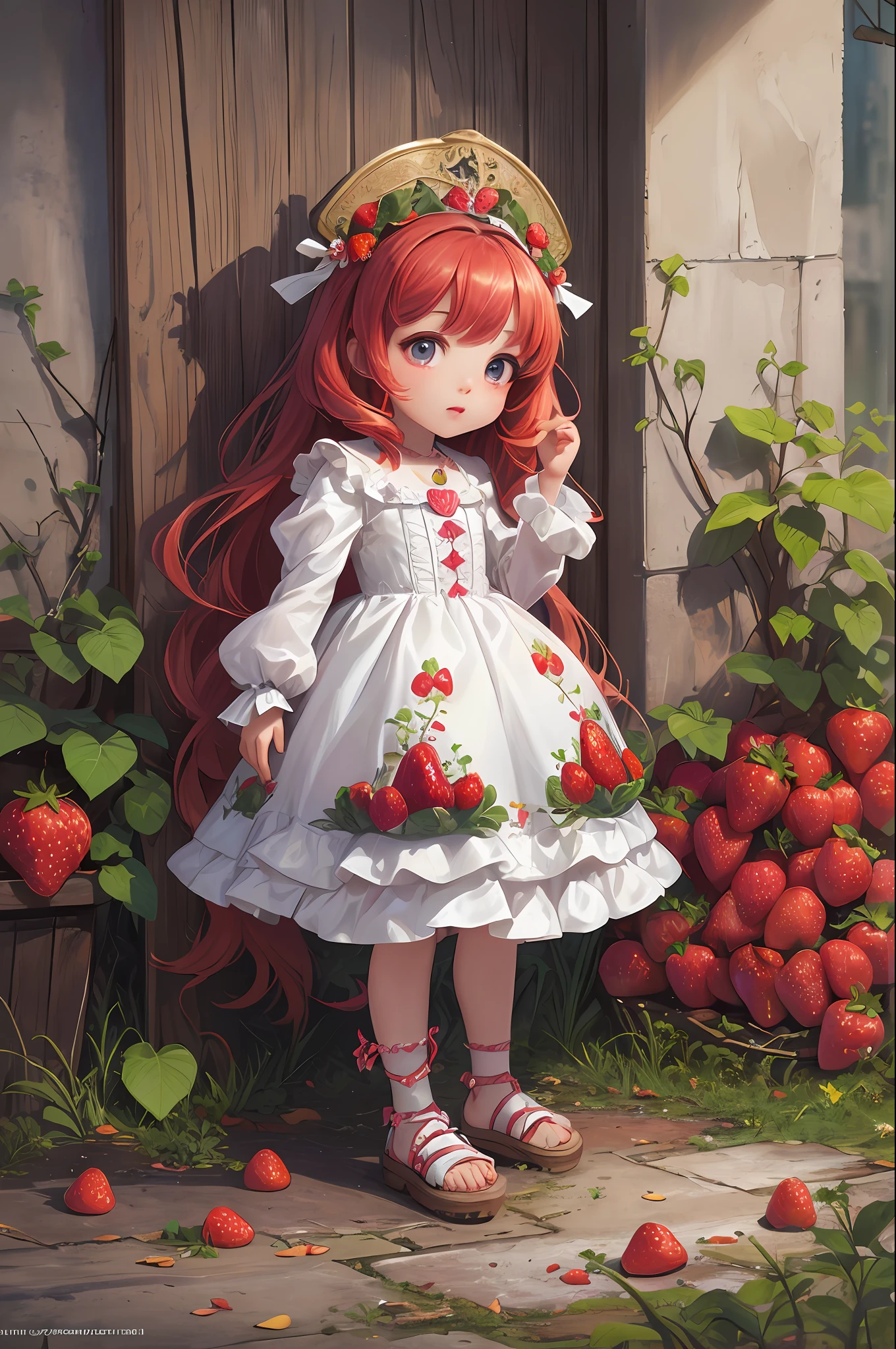 ( Absurd , High quality , ultra detailed, masterpiece, concept art, smooth, highly detailed artwork, hyper realistic painting ) , little girl , strawberry shortcake character, cute , whole body , Romantic , Vivid