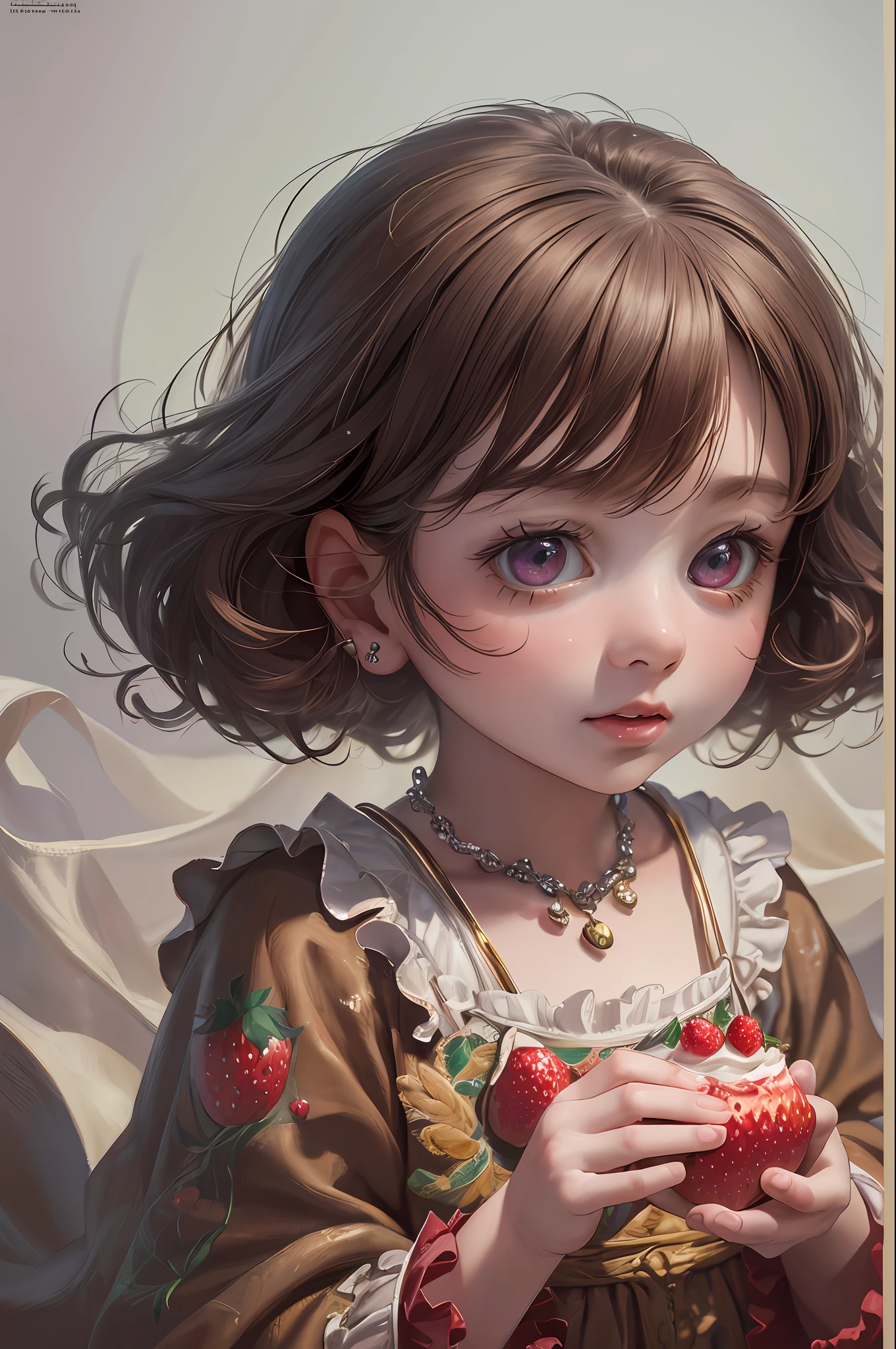 ( Absurd , High quality , ultra detailed, masterpiece, concept art, smooth, highly detailed artwork, hyper realistic painting ) , little girl , strawberry shortcake character, cute , whole body , Romantic , Vivid