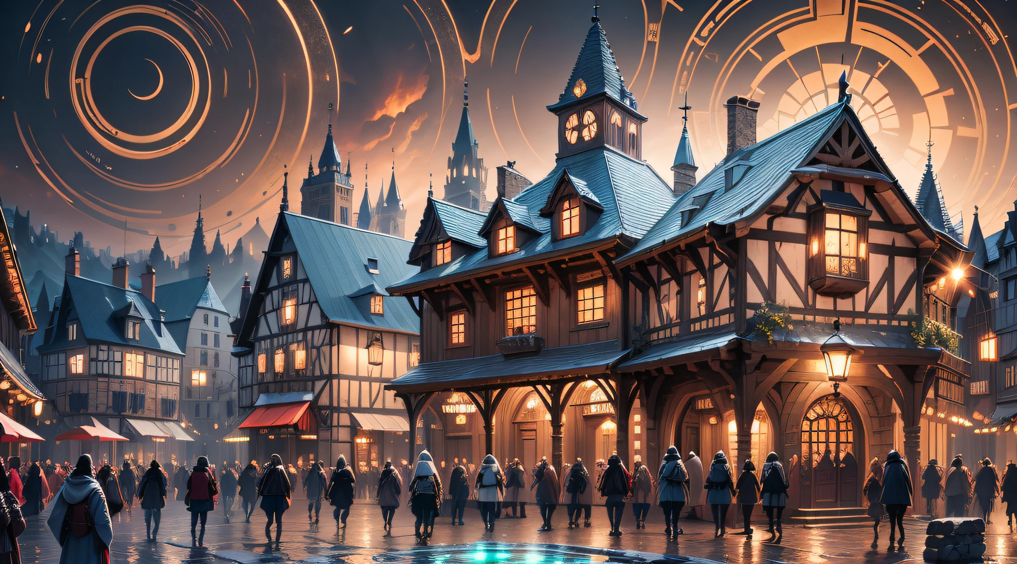 A (glowing stone) in the middle of the house square (floating), (surrounded by crowds), medieval Western-style town, --auto --s2