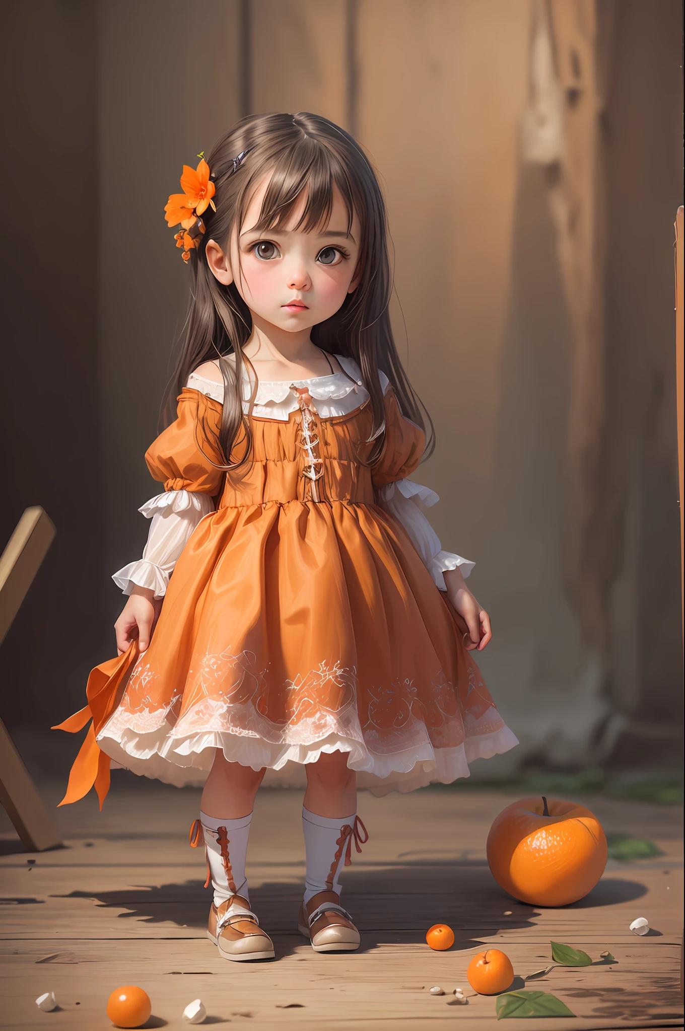 ( Absurd , High quality , ultra detailed, masterpiece, concept art, smooth, highly detailed artwork, hyper realistic painting ) , Dreamy , Romantic , Vivid, girl , orange fruit , orange blossom character, cute , whole body ,