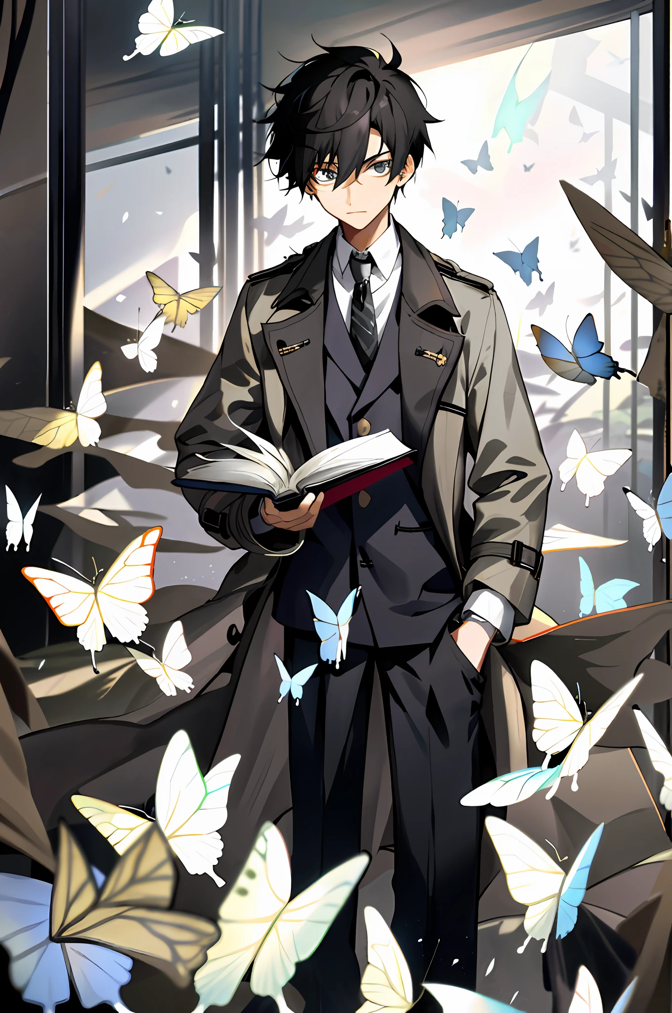 Male, trench coat, holding a book in his hand, black hair, teenager, shirt, surrounded by white butterflies, one hand in his pocket