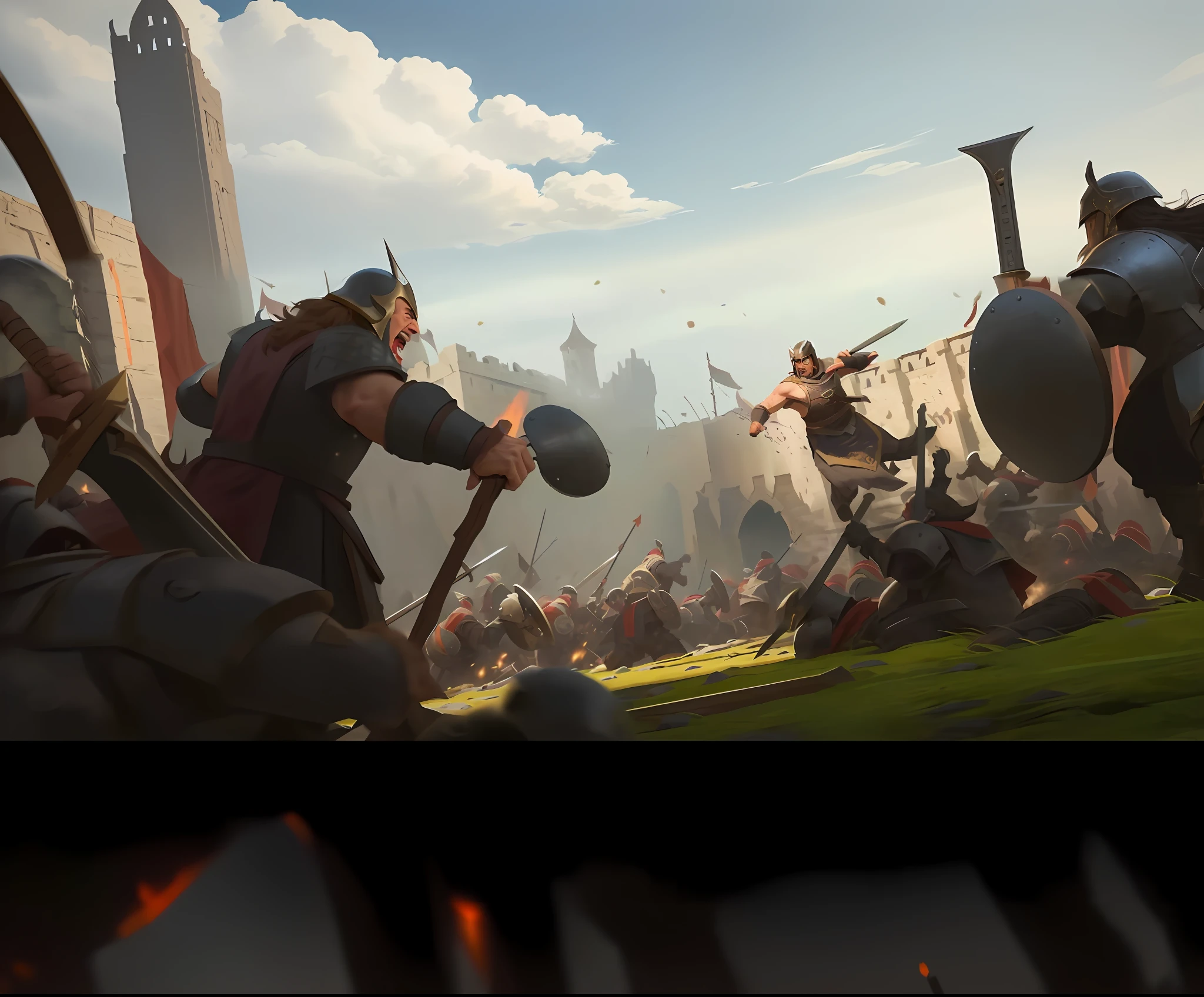 arafed image of a group of men in armor fighting in a field, epic battlescene, background: battle scene, invading army background, heroic battle scene, by Ivan Generalić, epic battle scene, by Aleksander Gine, an epic viking battle scene, medieval concept art, background of invading army, battle scene, by jeonseok lee