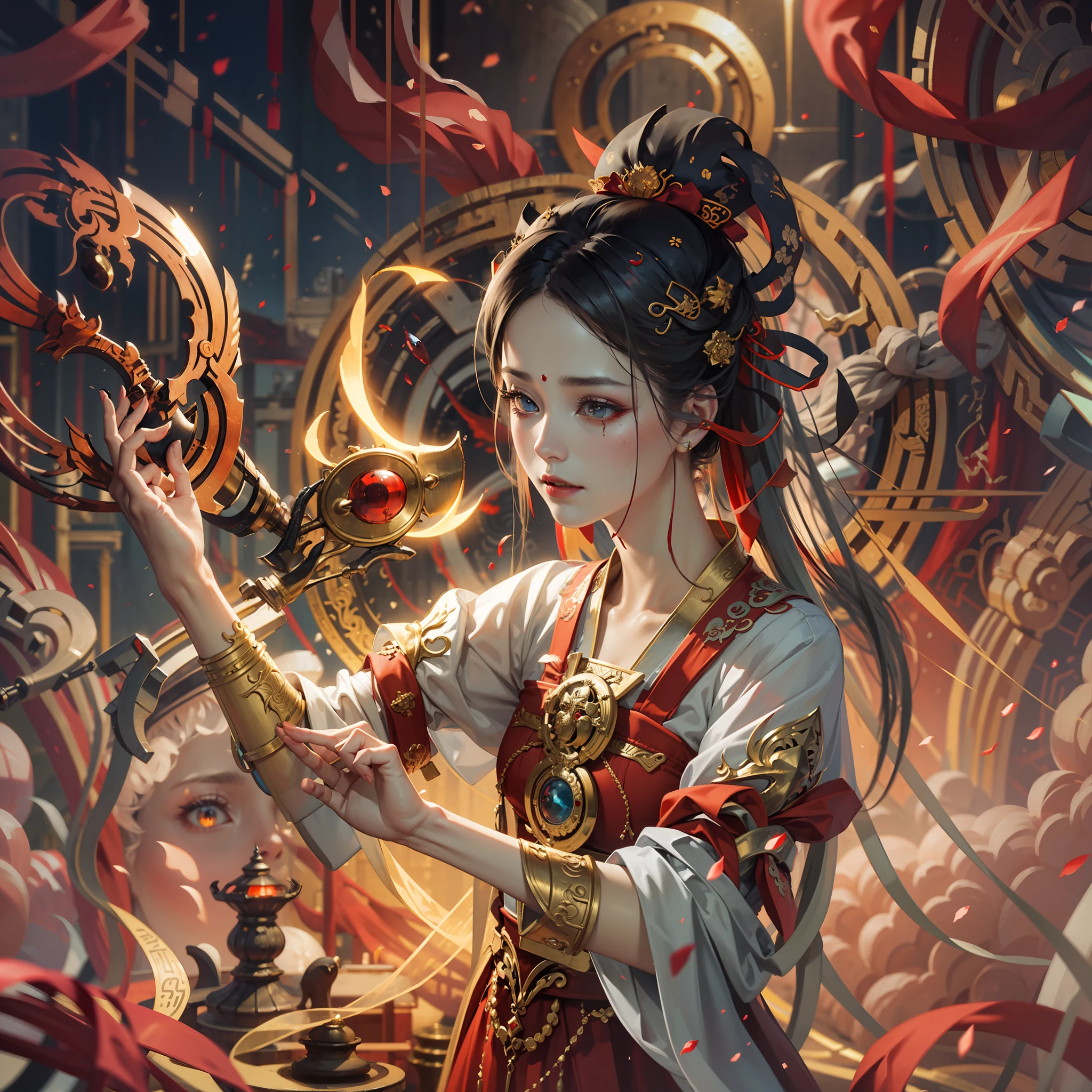 Best Quality, Masterpiece, Super Detail, Extreme Detail, 8k Wallpaper, Realistic Details, Movie Lighting, Dynamic Angle, World Mastery Theater, Best Quality, Extremely Delicate Beautiful Girl, Perfect Face, Delicate Facial Features, Perfect Hands, Delicate Eyelashes, Delicate Eyes, Ancient Chinese Hairstyle, Peking Opera, Horror, Spooky Atmosphere, Darkness, Red Lantern, Spirit Rune, Puppete-type Body, Messy, Bloodstained, Sharp Teeth, Bust, Melancholy Expression, Small Laugh, Blood Tears, Rose Petals, Red Candle, Side Look