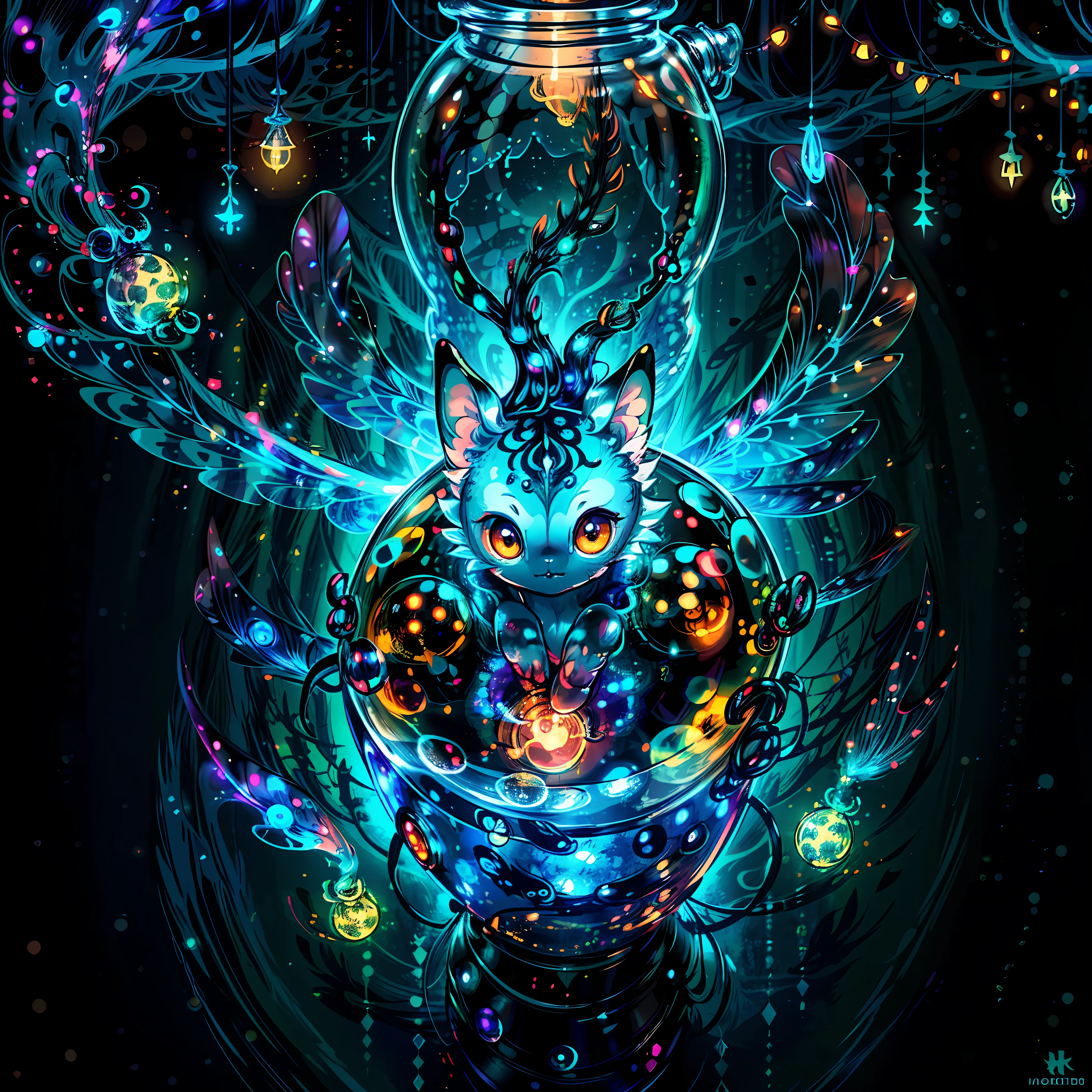 (a miniature creature with many paws in a bottle, a detailed and high-quality CG Unity 8k image, masterpiece quality, art illustration), (thanks to macro photography and detailed description, this creature is detailed and attractive, with wings, big sad eyes and glowing spots), in a dark and deep forest, with a mystical atmosphere and night lighting, (no human:1.5), (creature:1.5)