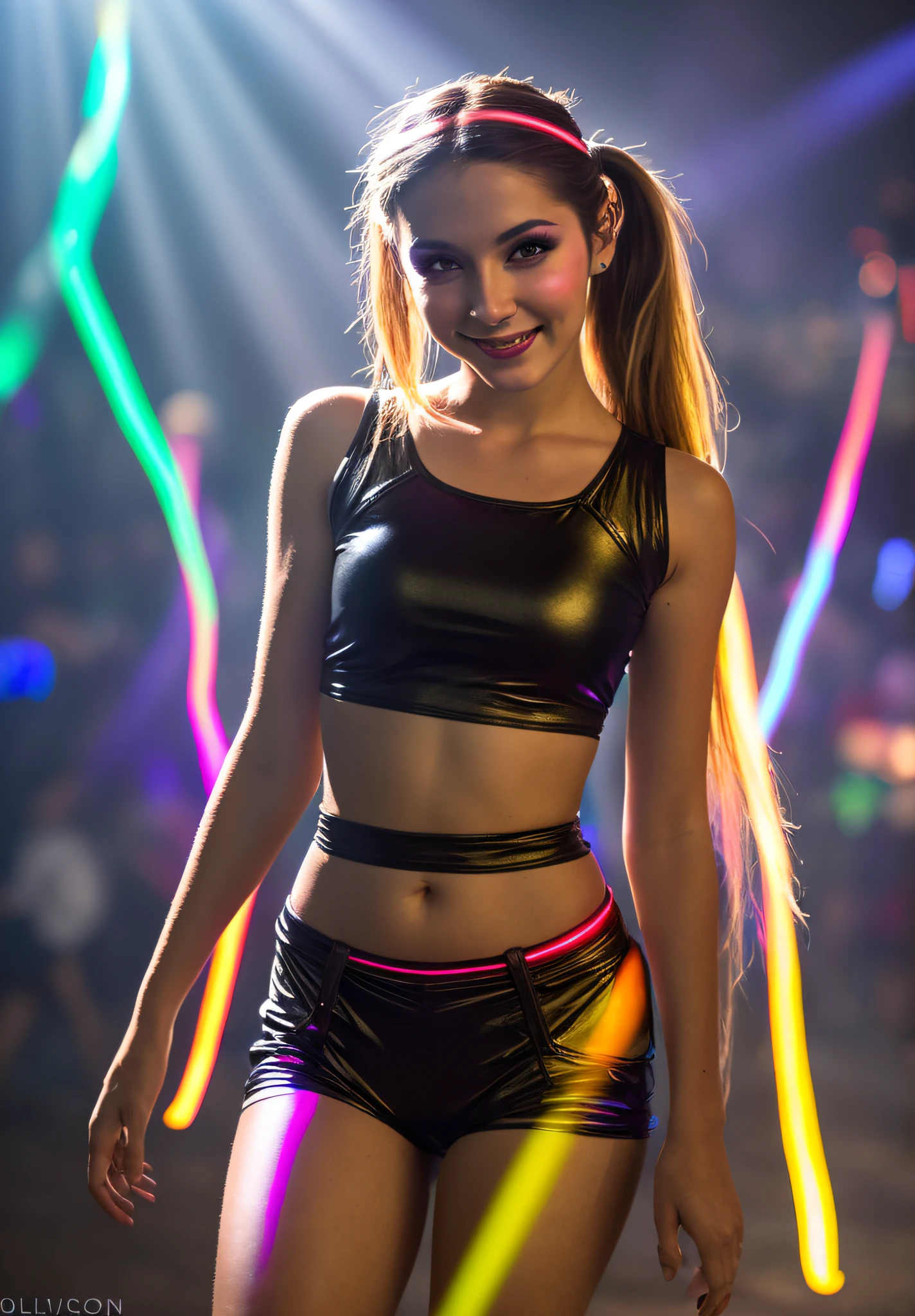 full length beautiful european woman, 25 years old, sexy smile, dark make up, brown eyes, alley, clear hoodie, braless, no pants, shown, rgb, night, light rays, edc, rave, highres, lens flare, led, masterpiece, cinematic lighting, perfect skin, long light hair, ponytail at side, ribbons in hair, rave lighting,