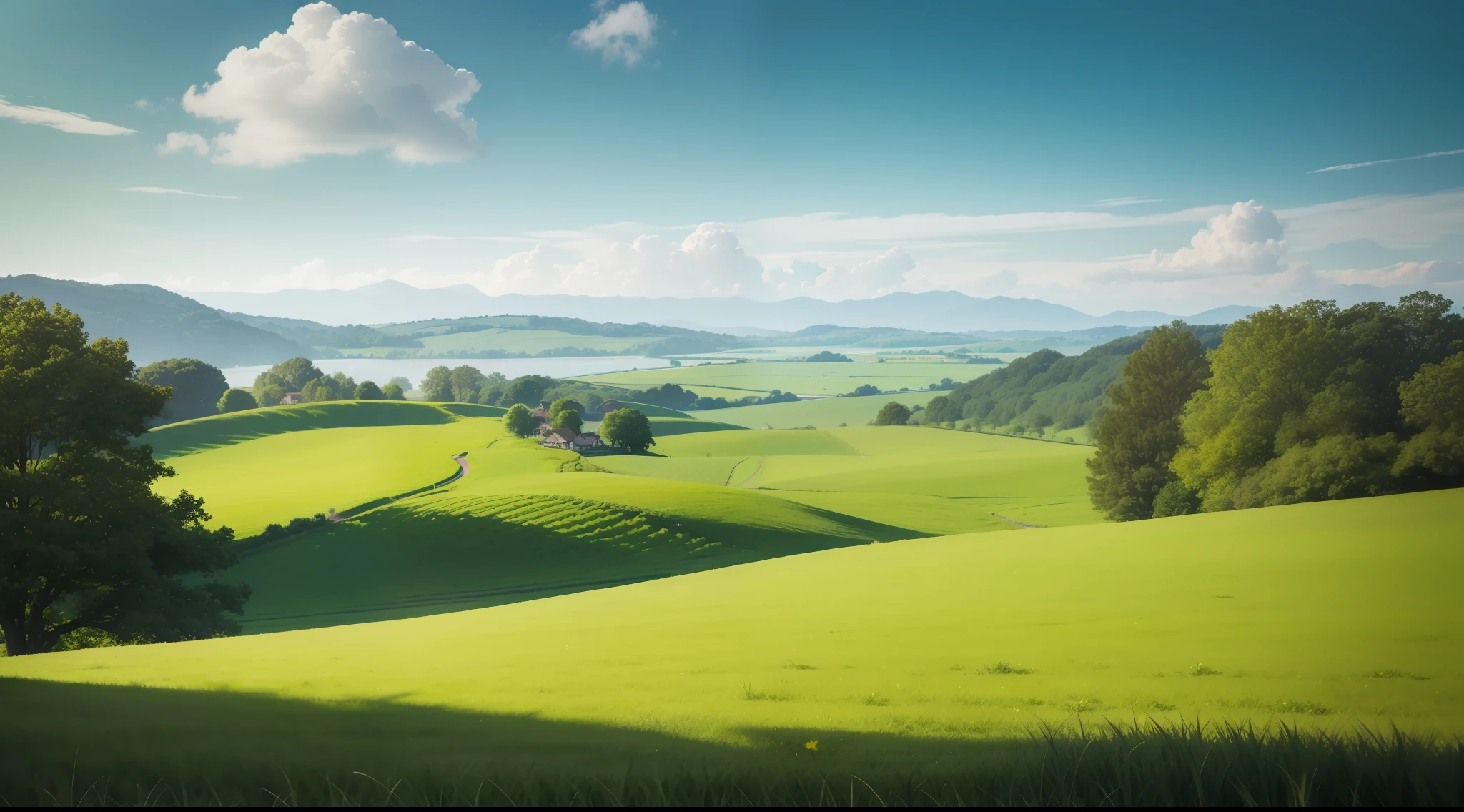 serene landscape with lush green fields and picturesque skyline, no buildings, no people, lush vegetation, idyllic, vibrant, photorealistic, realistic, dramatic, cinematic lighting, sharp focus, 8k