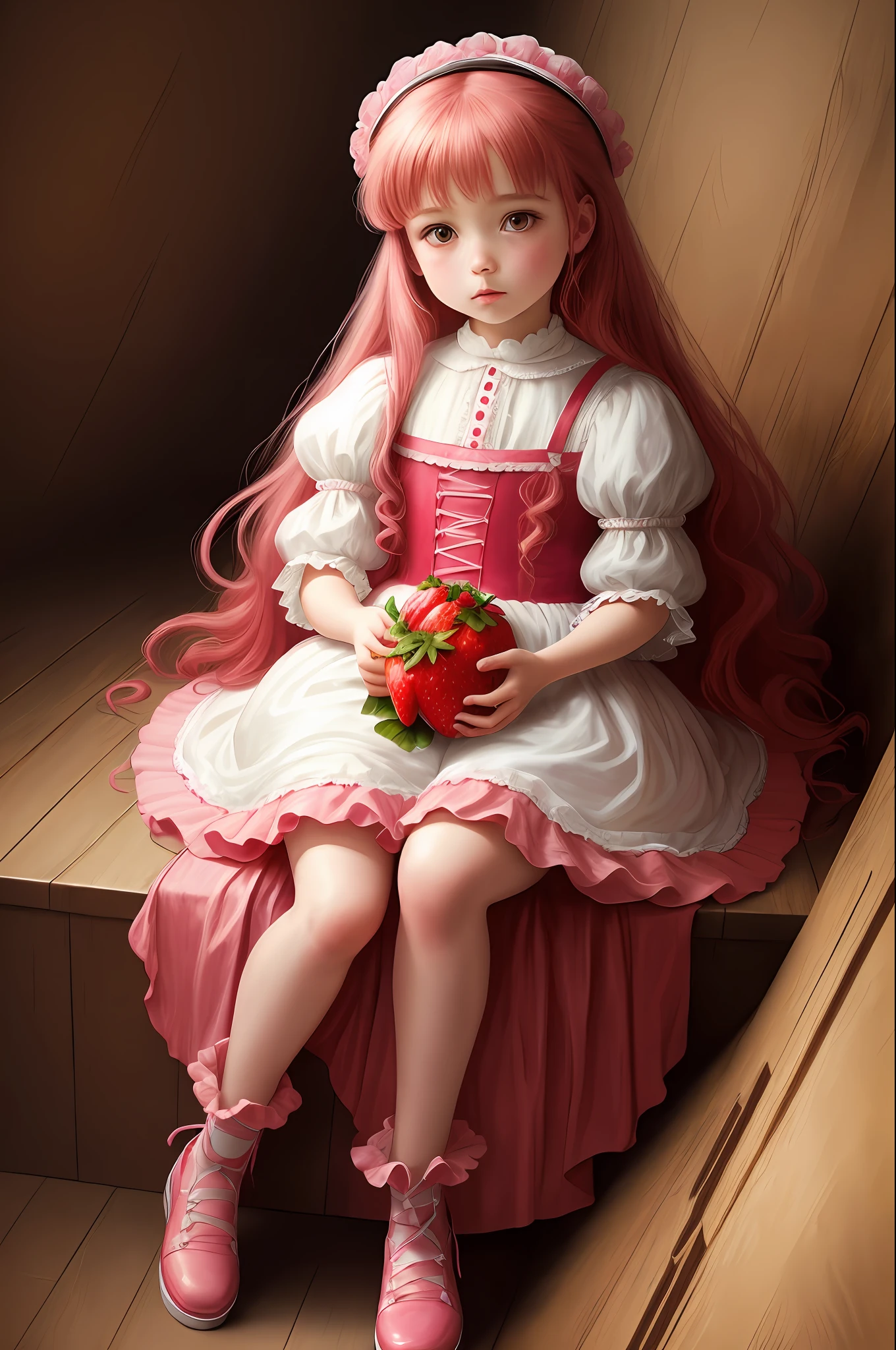 ( Absurd , High quality , ultra detailed, masterpiece, concept art, smooth, highly detailed artwork, hyper realistic painting ) , , strawberry shortcake character, cute , whole body , Romantic , Vivid