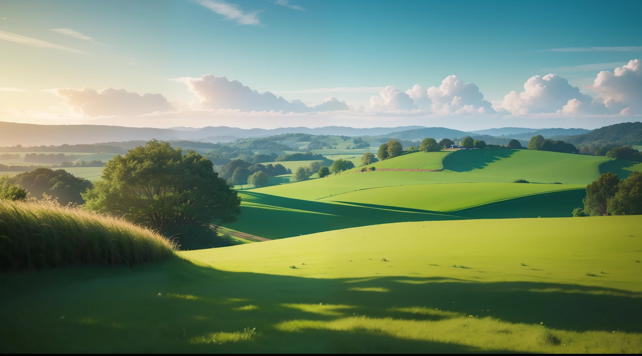 serene landscape with lush green fields and picturesque skyline, no buildings, no people, lush vegetation, idyllic, vibrant, photorealistic, realistic, dramatic, cinematic lighting, sharp focus, 8k