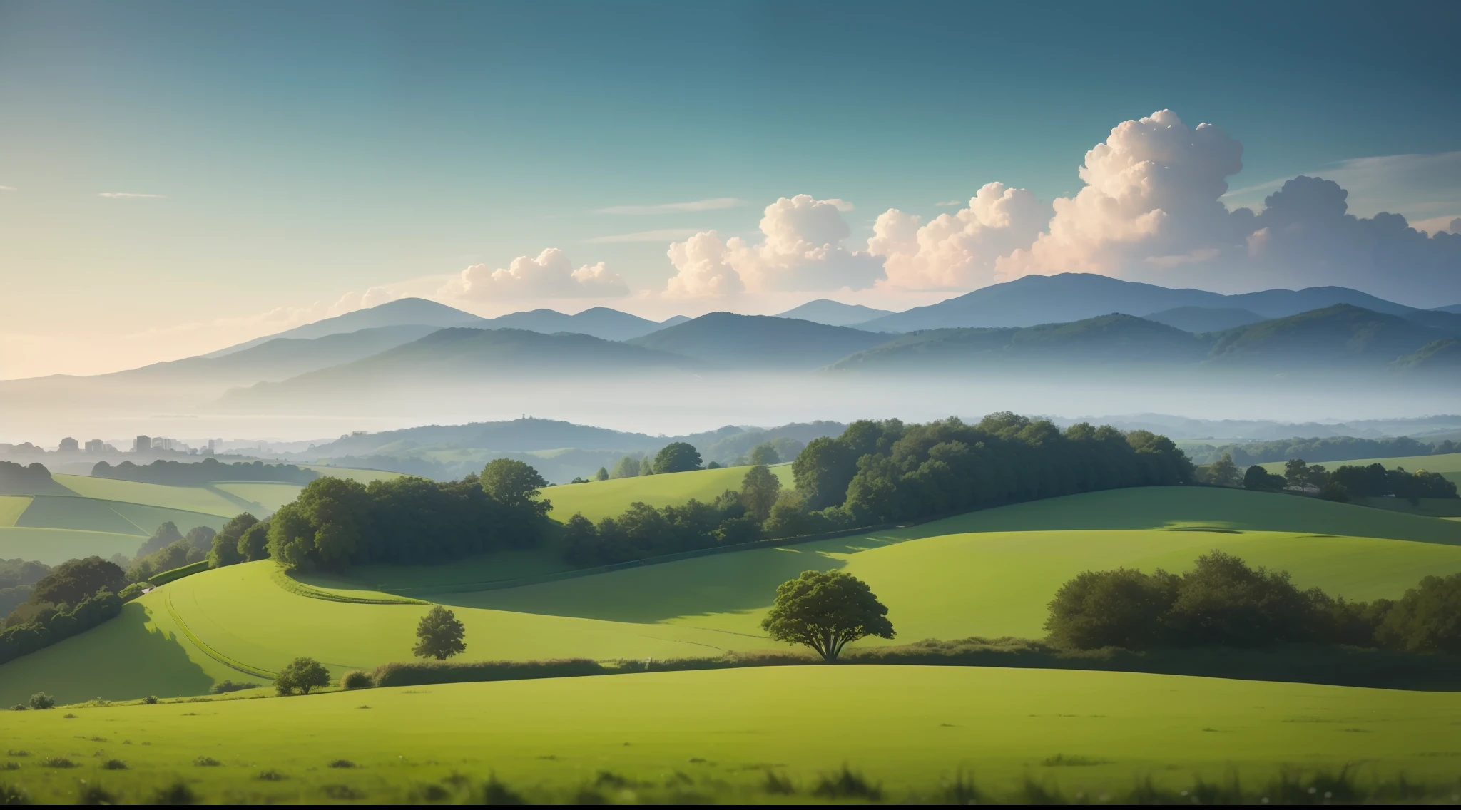 serene landscape with lush green fields and picturesque skyline, no buildings, no people, lush vegetation, idyllic, vibrant, photorealistic, realistic, dramatic, cinematic lighting, sharp focus, 8k