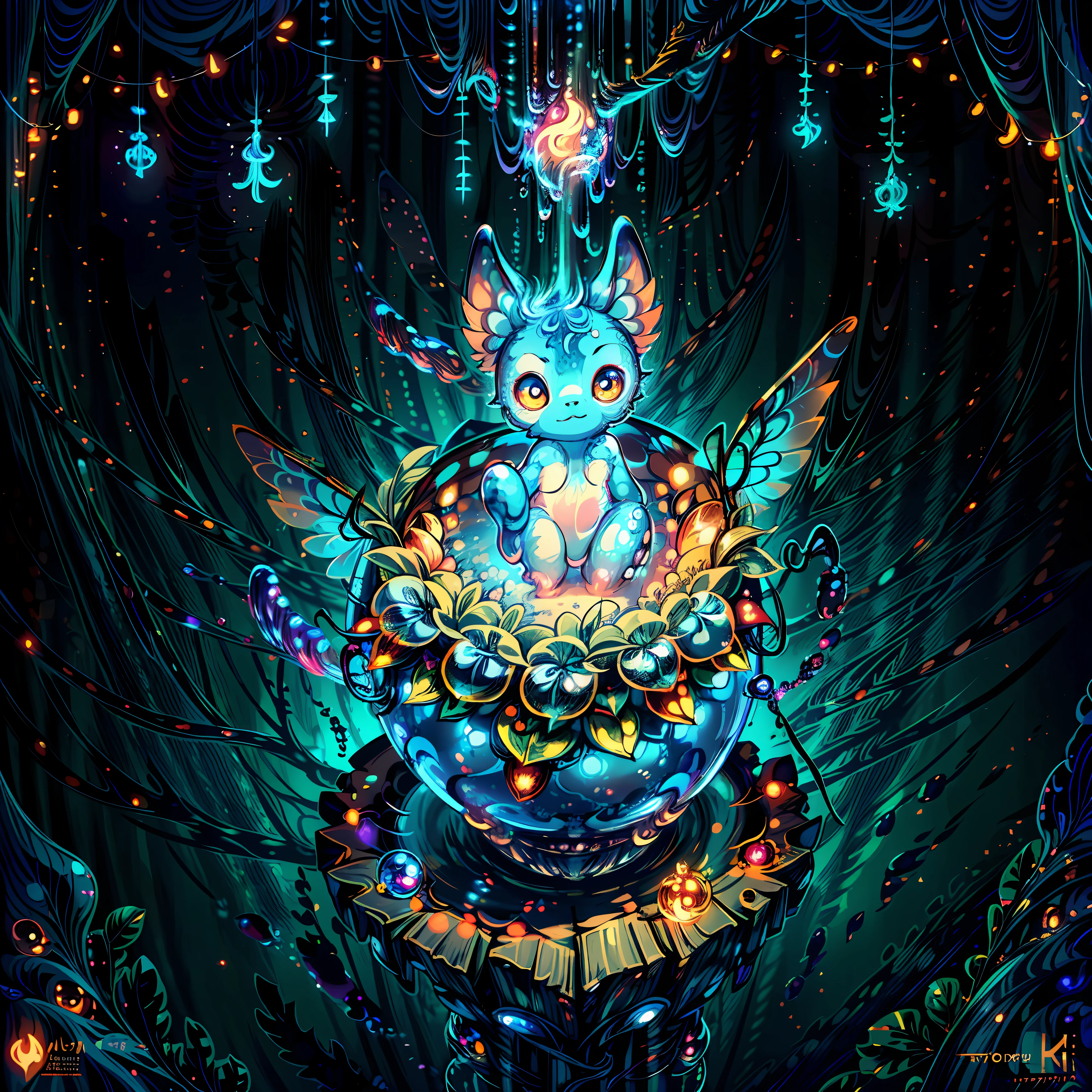(a miniature creature with many paws in a bottle, a detailed and high-quality CG Unity 8k image, masterpiece quality, art illustration), (thanks to macro photography and detailed description, this creature is detailed and attractive, with wings, big sad eyes and glowing spots), in a dark and deep forest, with a mystical atmosphere and night lighting, (no human:1.5), (creature:1.5)