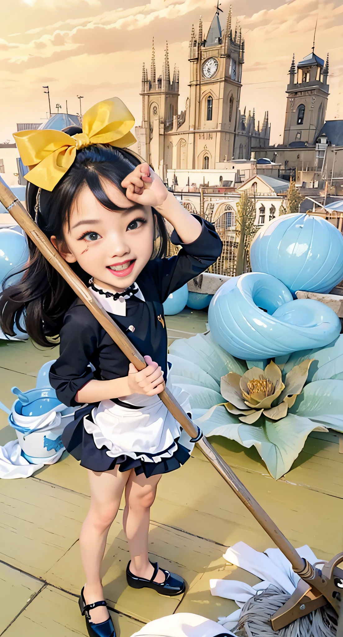 (female:1.2) (bodybuilder:0.8), hyper realistic, masterpiece, photorealistic, real skin, detailed face, detailed skin, detailed lighting, 1girl, , yellow ribbon, long hair, black hair, (blue eyes), smile, open mouth, holding mop