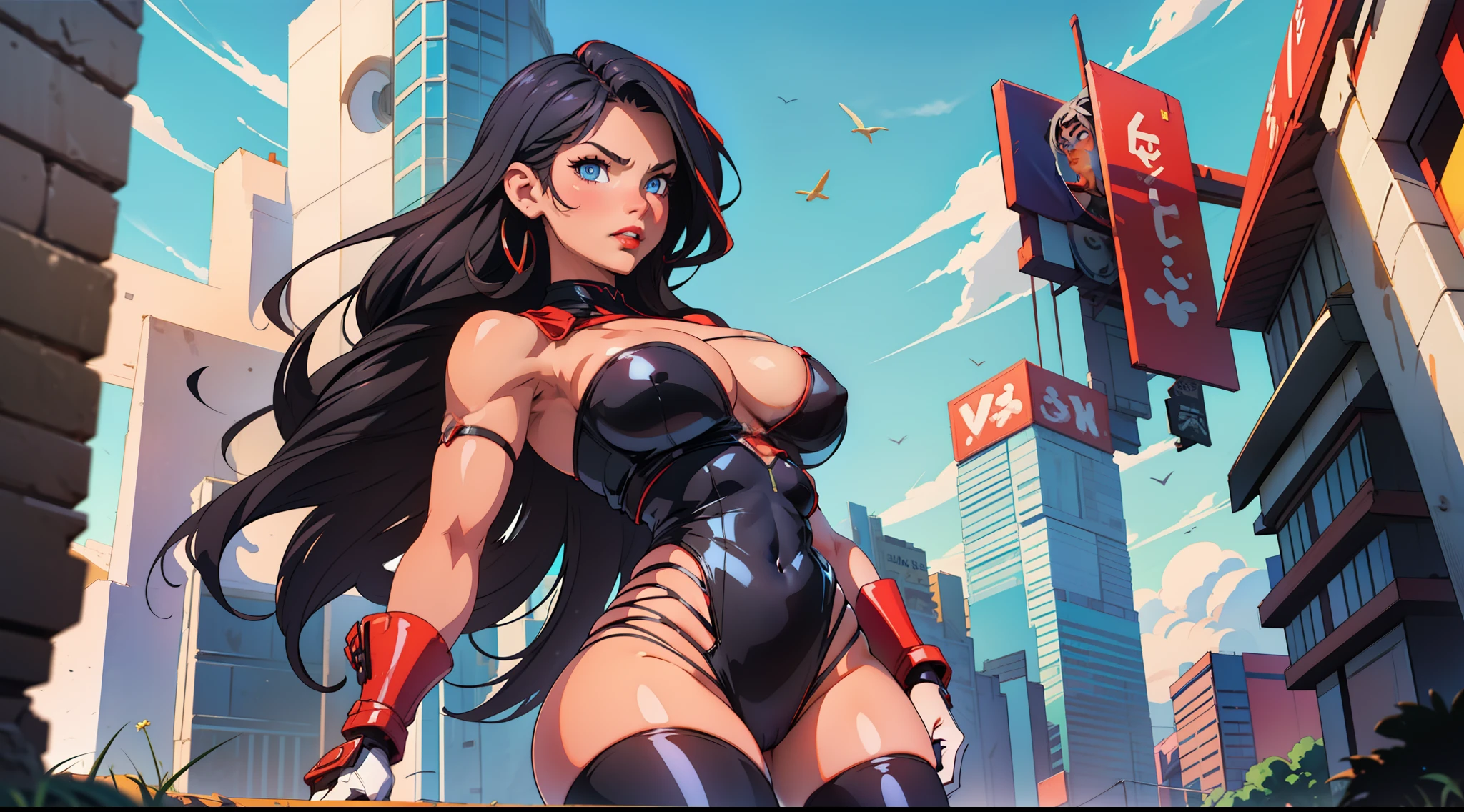 1 girl, suit, action pose, lewd face, sexy, cleavage, black hair, blue eyes, tight bikini, thigh highs, short sleeves, armpits, large breasts, wide hips, thick thighs, muscles, abs, no teeth, beautiful face, realistic, ray traced, beautiful eyes, red lipstick