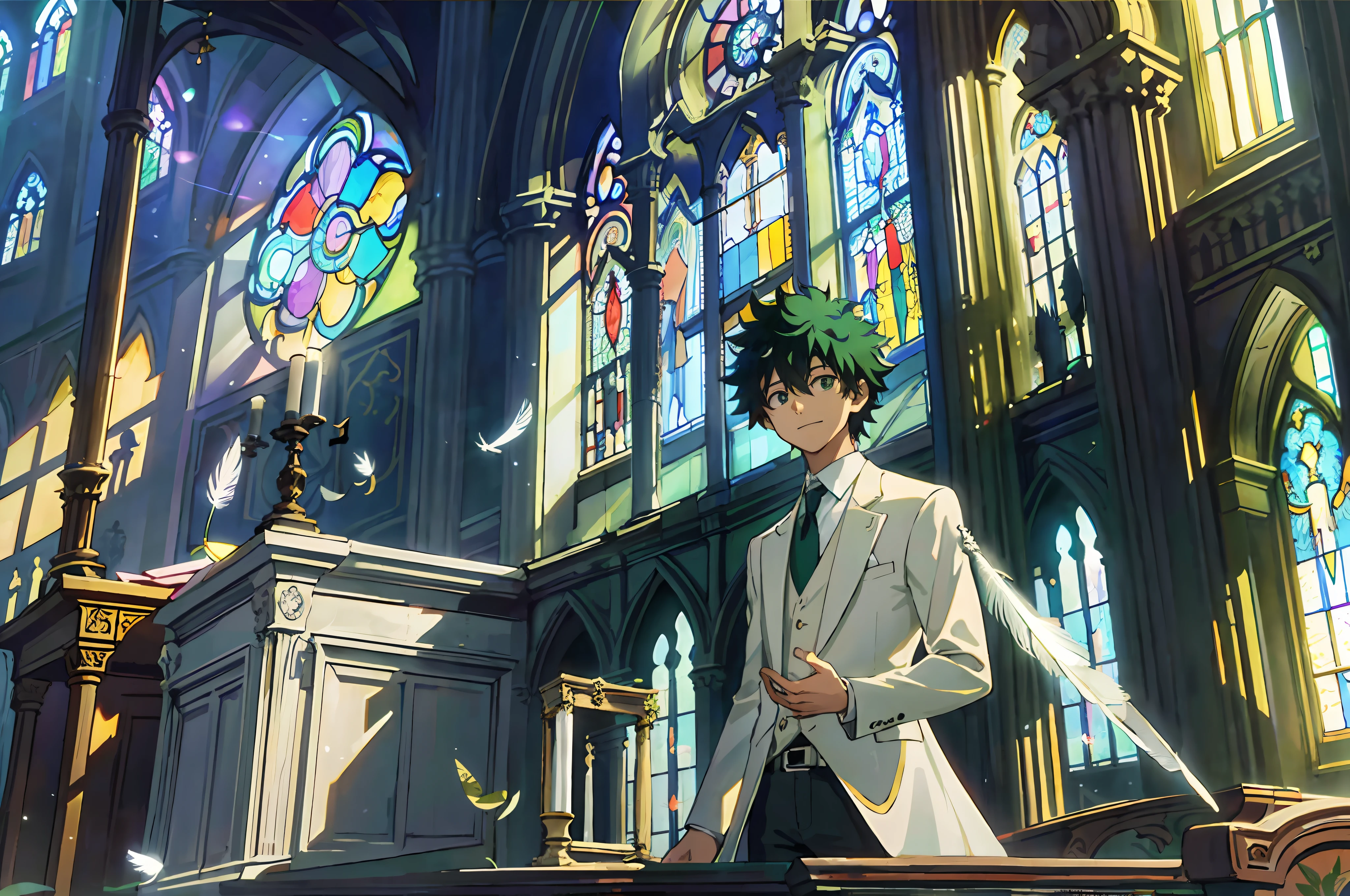 ((Masterpiece: 1.4, highest quality)), ((Masterpiece, highest quality)), (Church of the Ruins: 1.2), (Fragment: 1.2), (Stained Glass: 1.3), Pillar, Canopy, Izuku Midoriya, Gentle Smile, (Light particles: 1.3), (Feathers: 1.3), (Faint sunlight coming through the window), Dark atmosphere, (Beholder: 1.3), Cowboy Shot