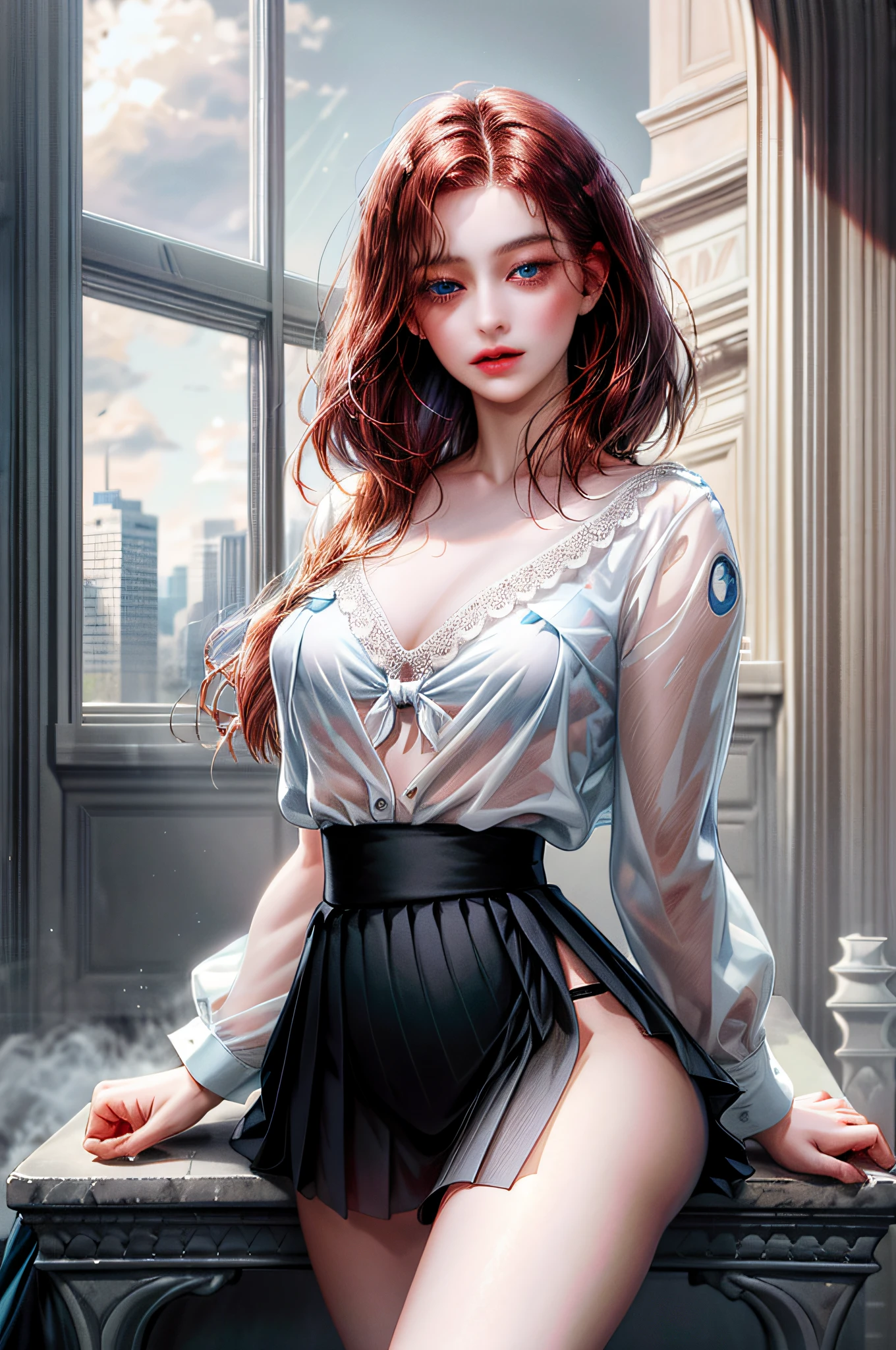 Create one girl with dark red hair and blue eyes, beautiful, thin, flat, may be wearing a businessman's uniform, hair is short bob, ((white sheer blouse, black miniskirt)), no bra, underwear bite, sexy pose, lower body slender, behind the woman there are windows showing different buildings in the city (absurd, high resolution, super detail), carrier woman
